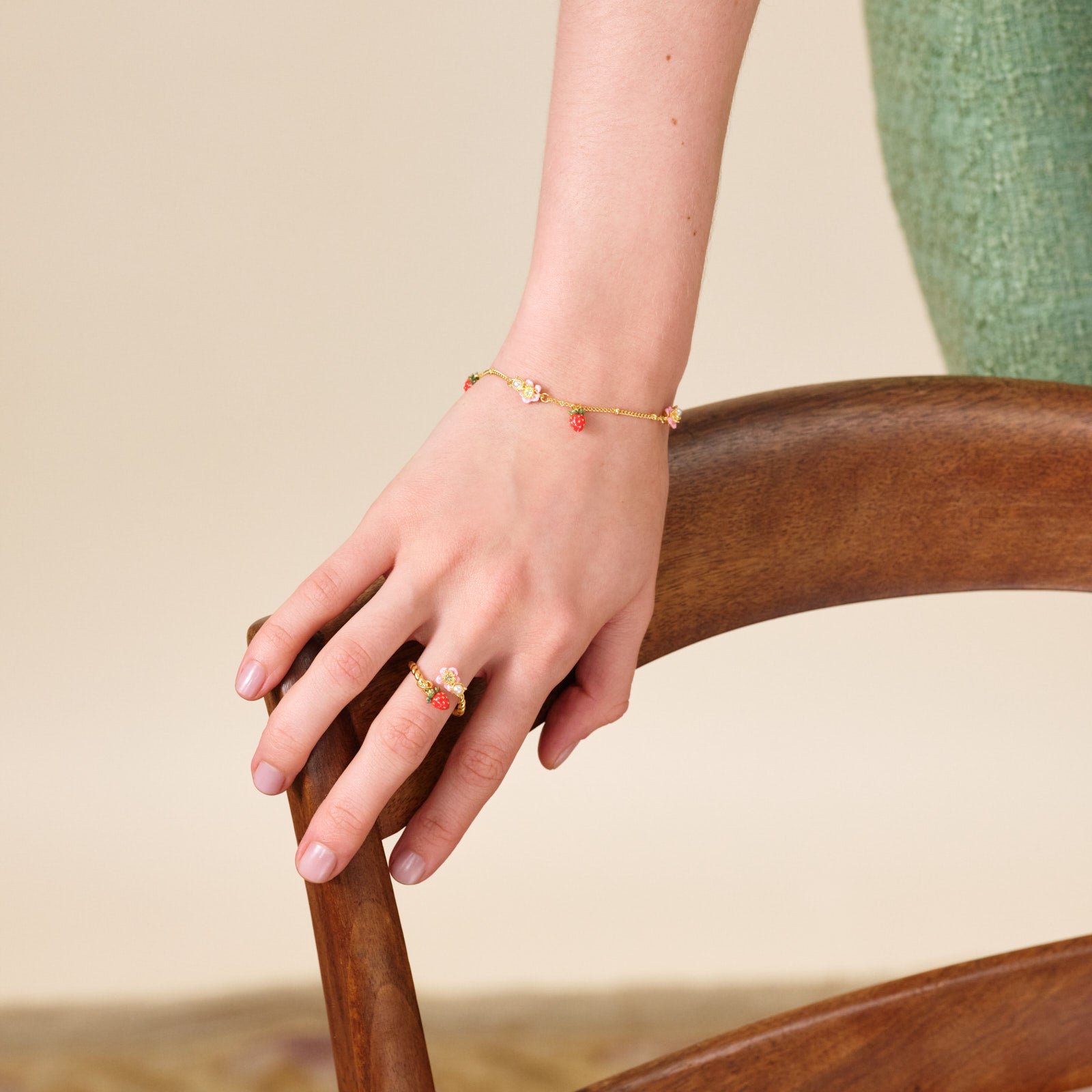 Wild strawberry and pink flower adjustable ring