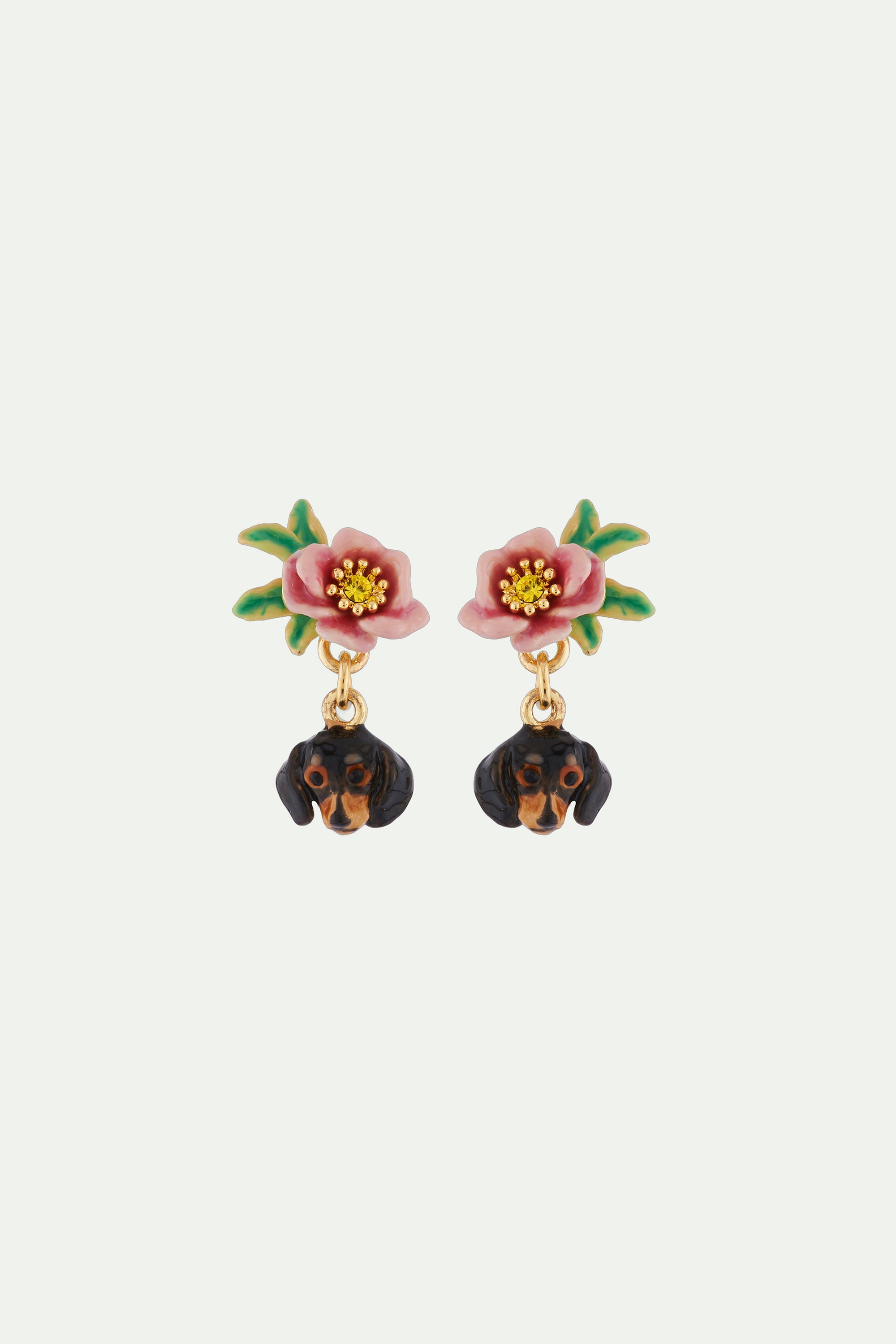 Earrings with dachshund's head and small flower