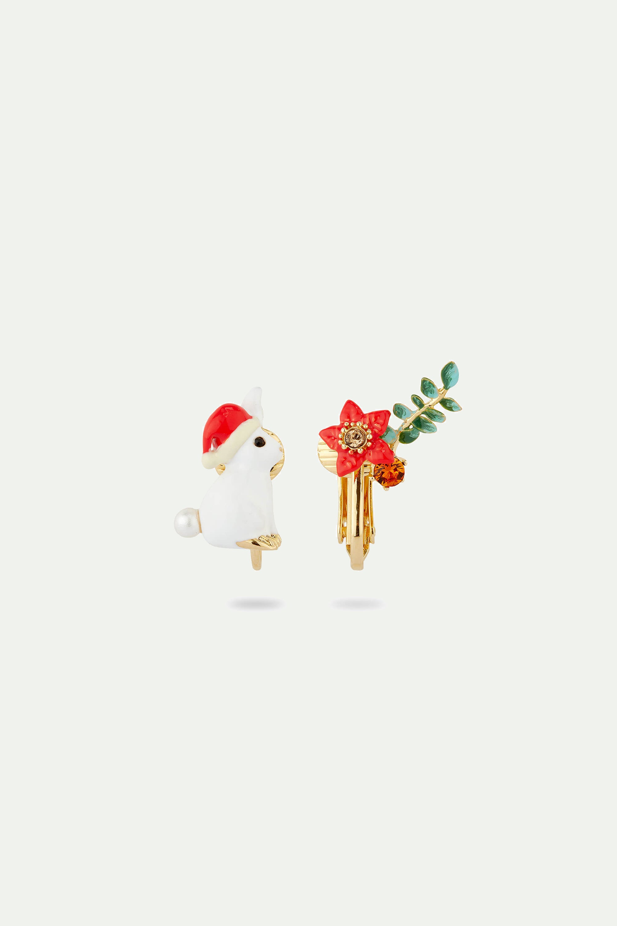Rabbit and poinsettia asymmetrical post earrings