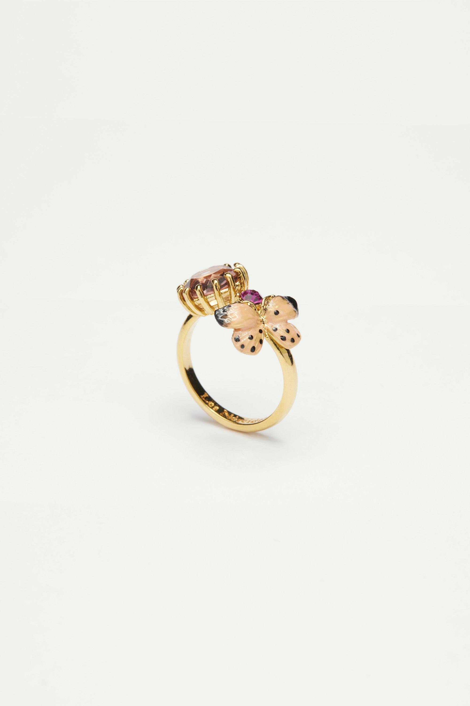 Adjustable butterfly and round stone you and me ring