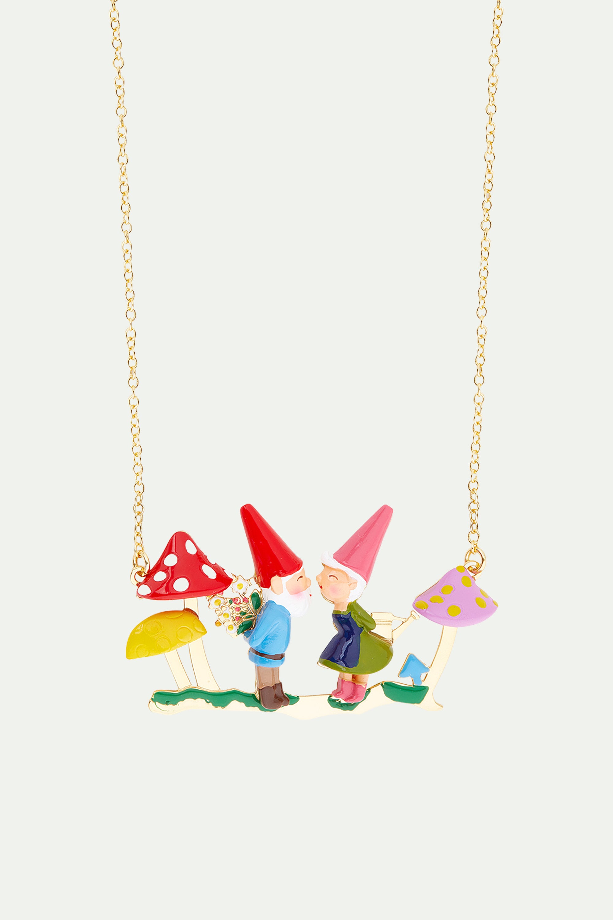 Garden gnome couple and presents statement necklace