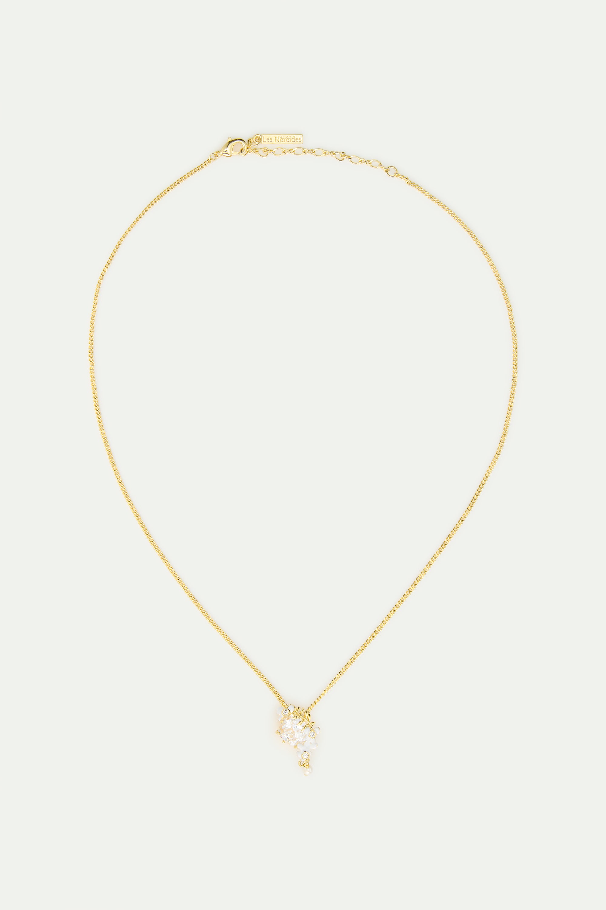 Faceted stone, laurel, white wisteria and cultured pearl necklace
