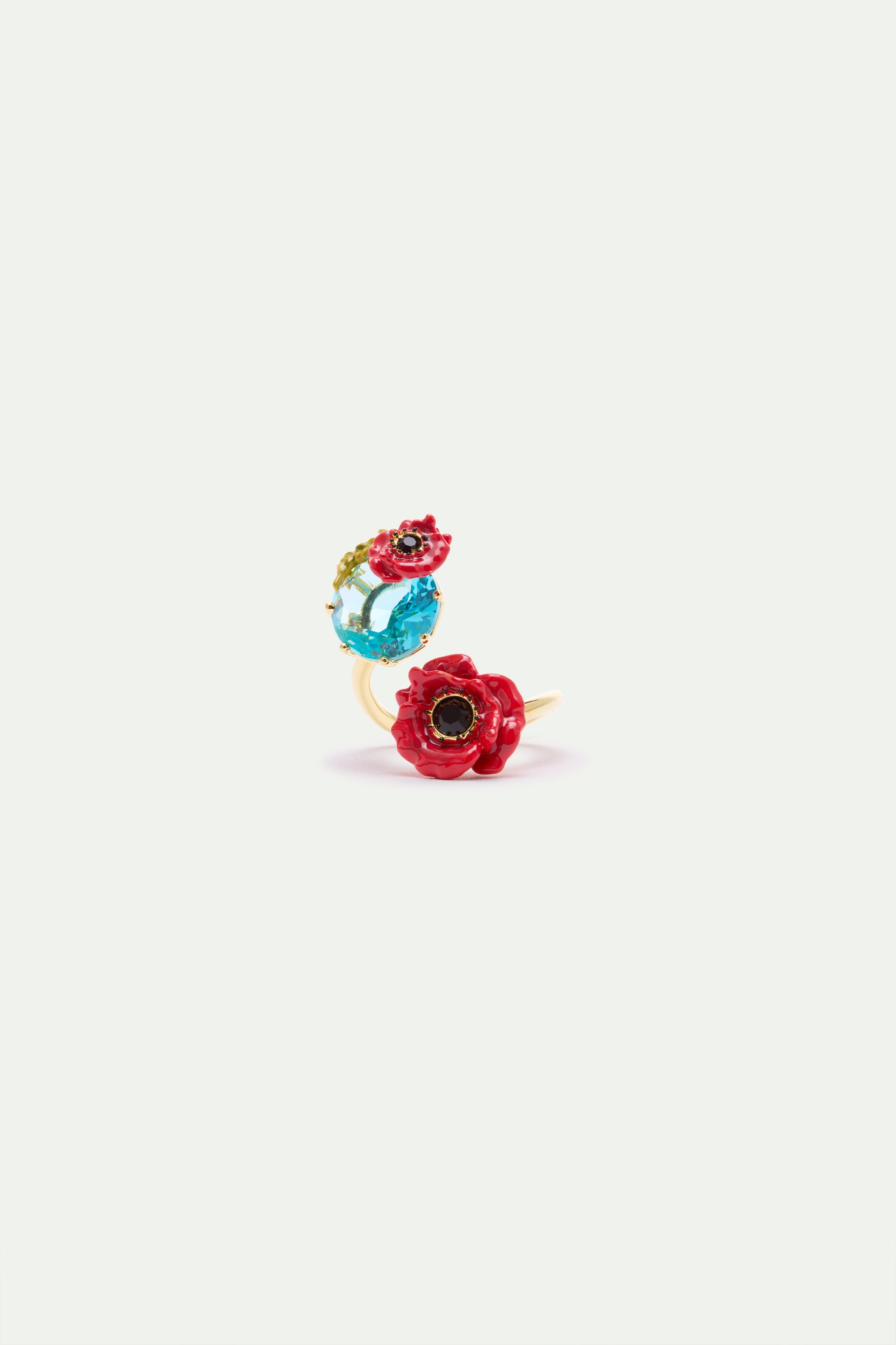 Adjustable ring with round blue stone and poppies