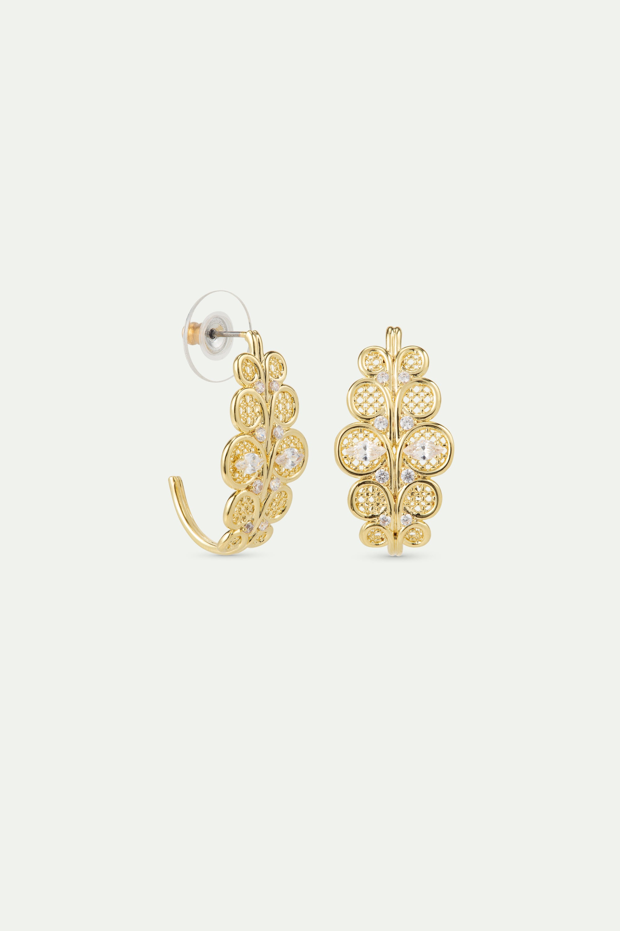 Golden filigree hoop earrings with crystals