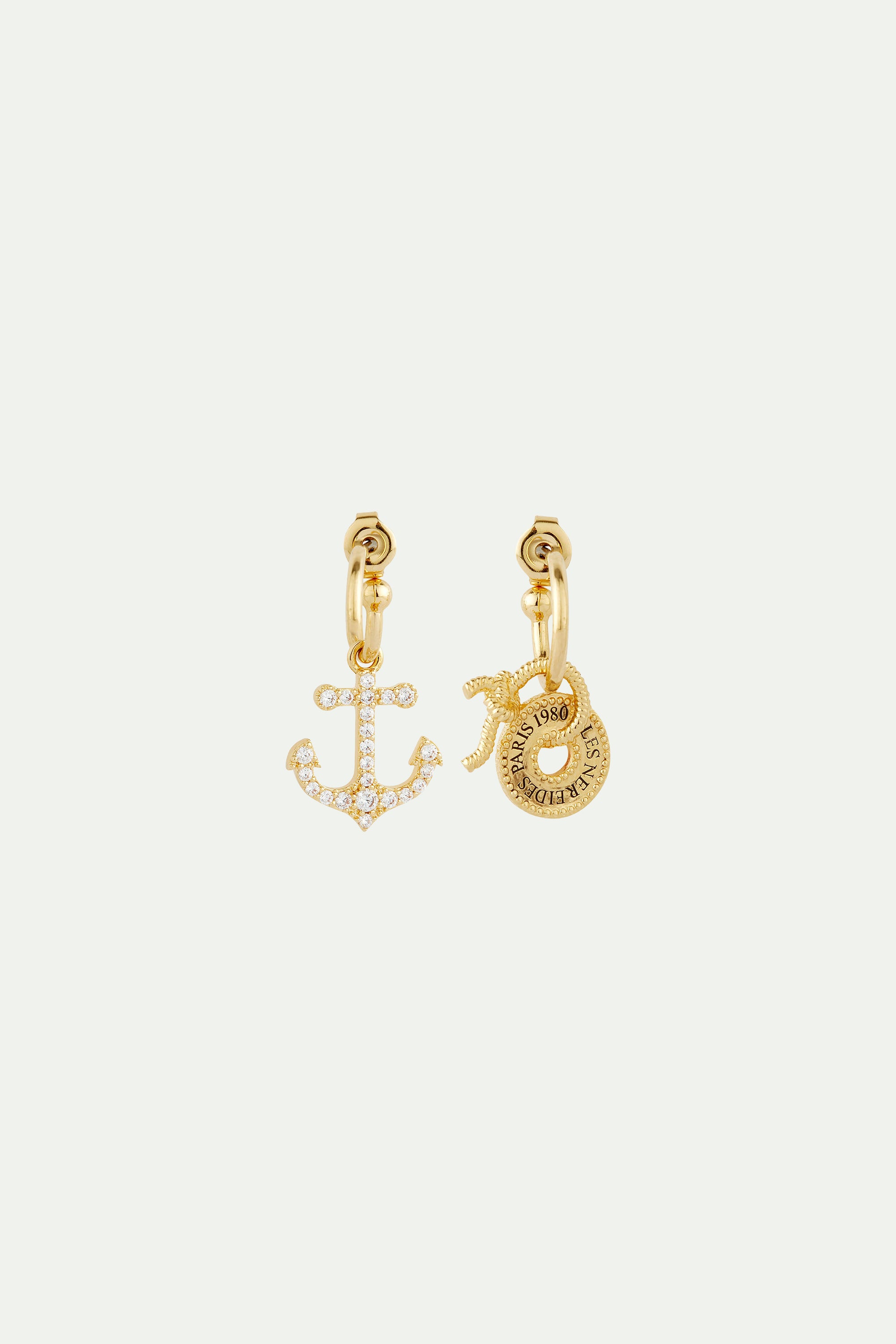Anchor and engraved coin asymmetrical post earrings