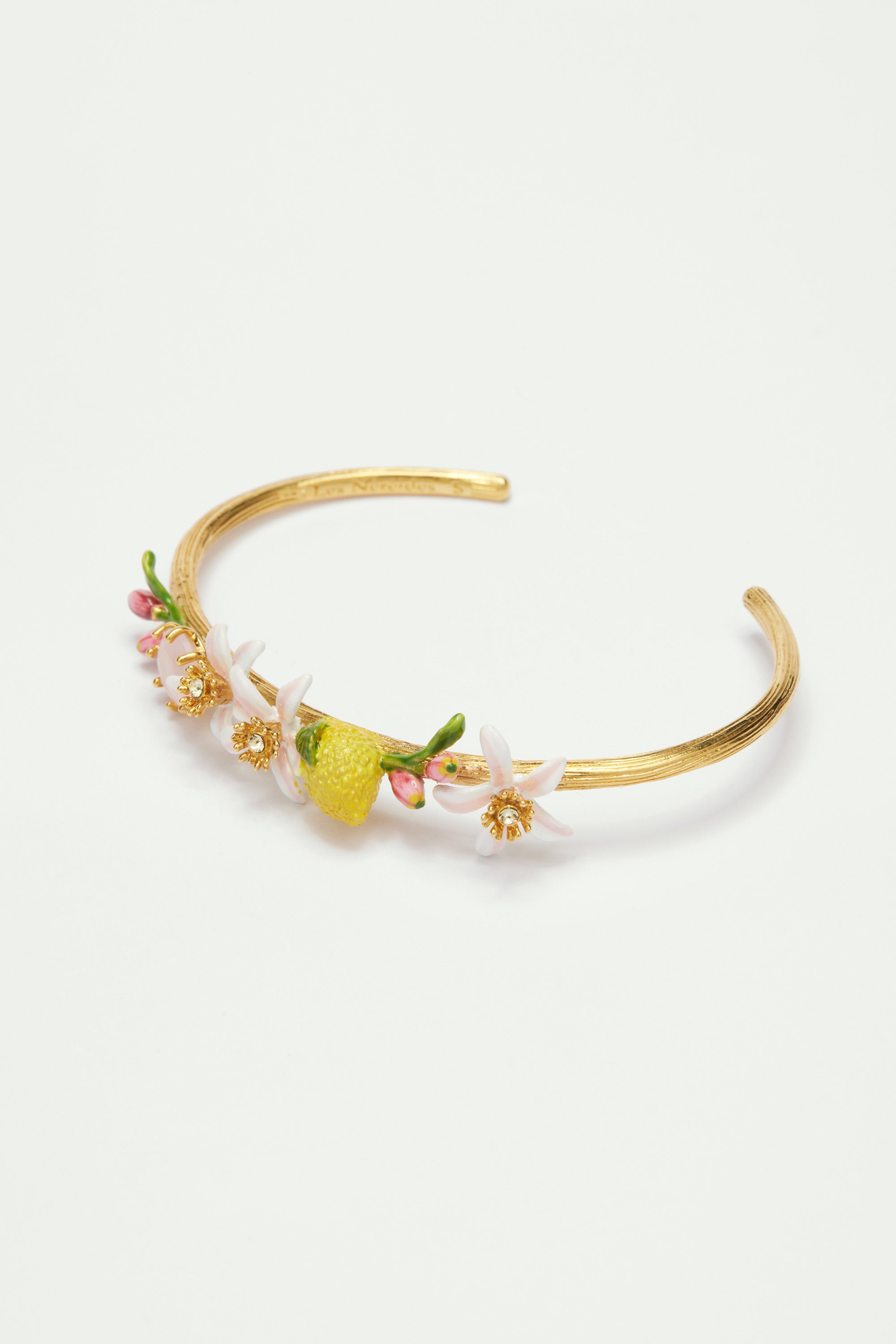 Lemon, lemon blossom and pink glass stone bangle bracelet