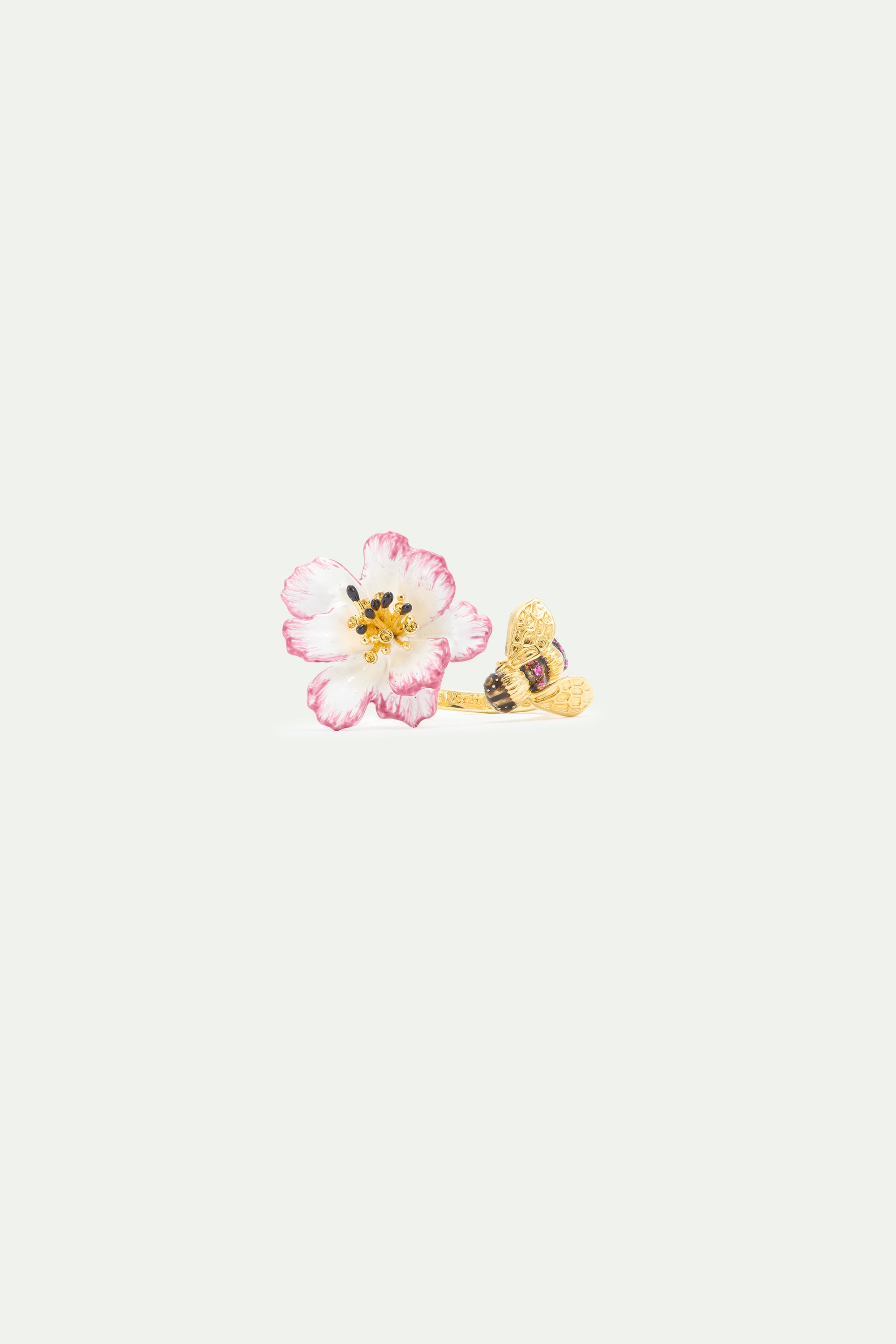 Adjustable ring with white and pink cosmos flower and gold bee