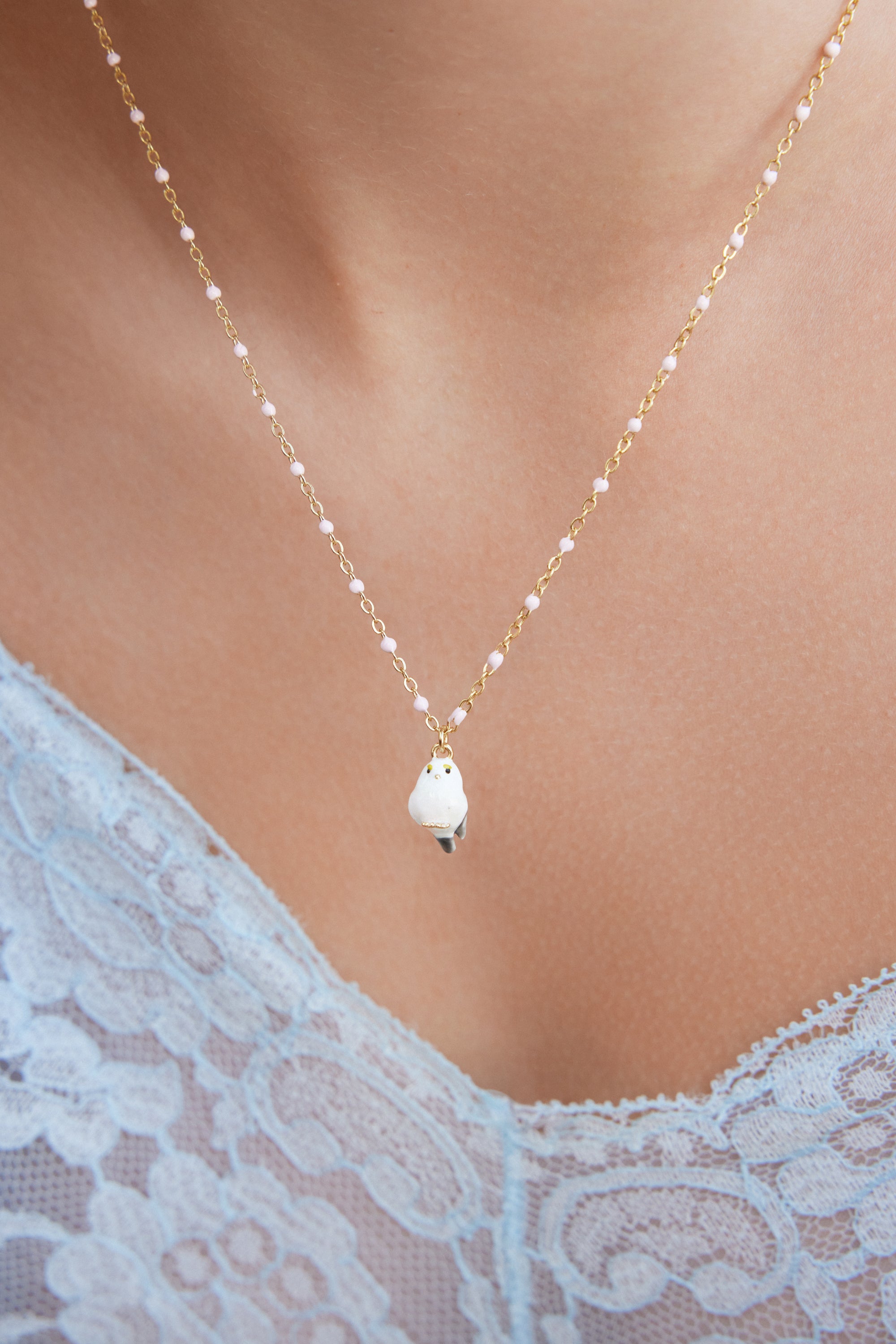 White Long-tailed Tit pendant necklace