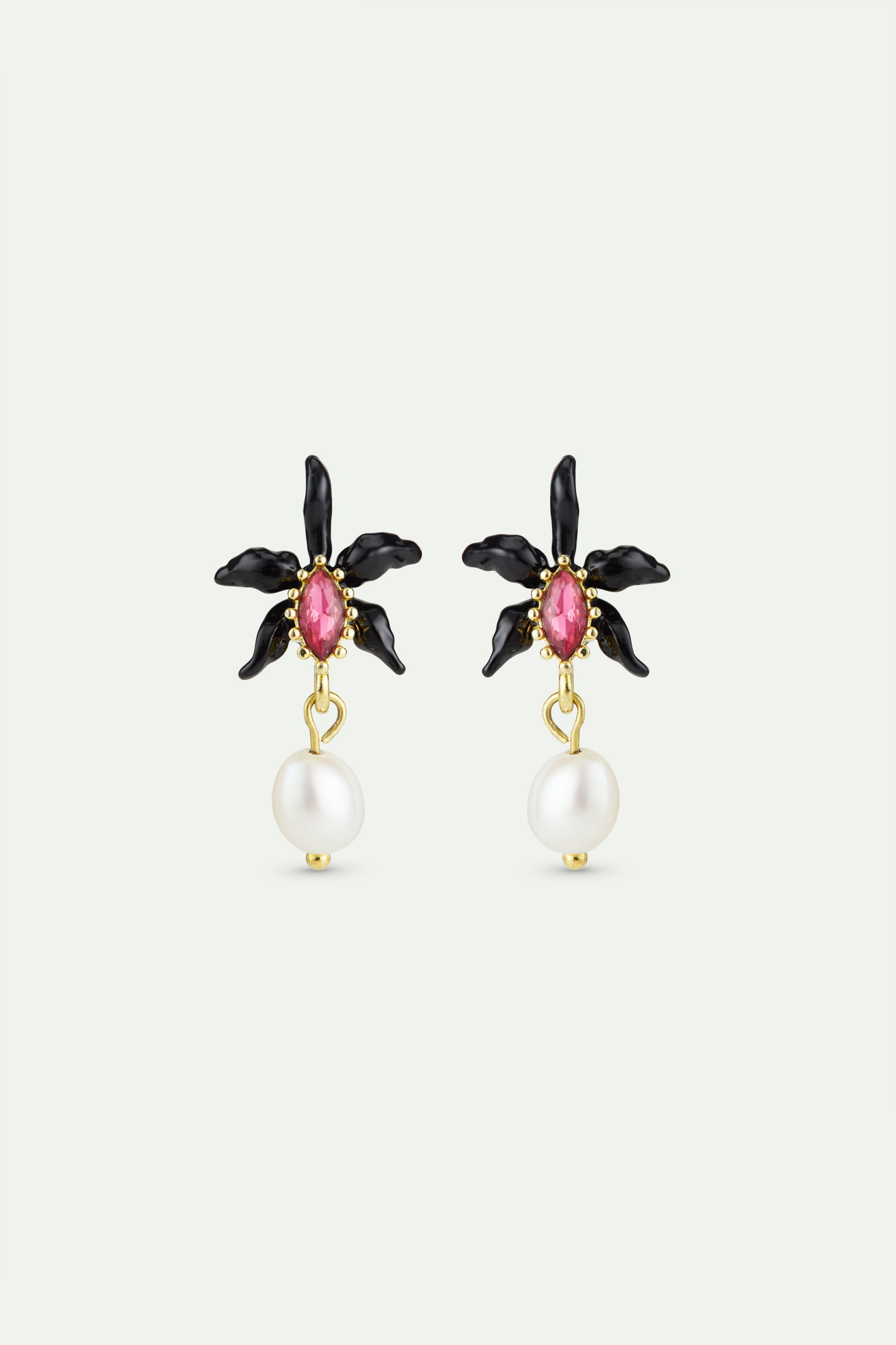 Dangle earrings with black orchid, faceted pink crystal and cultured pearl