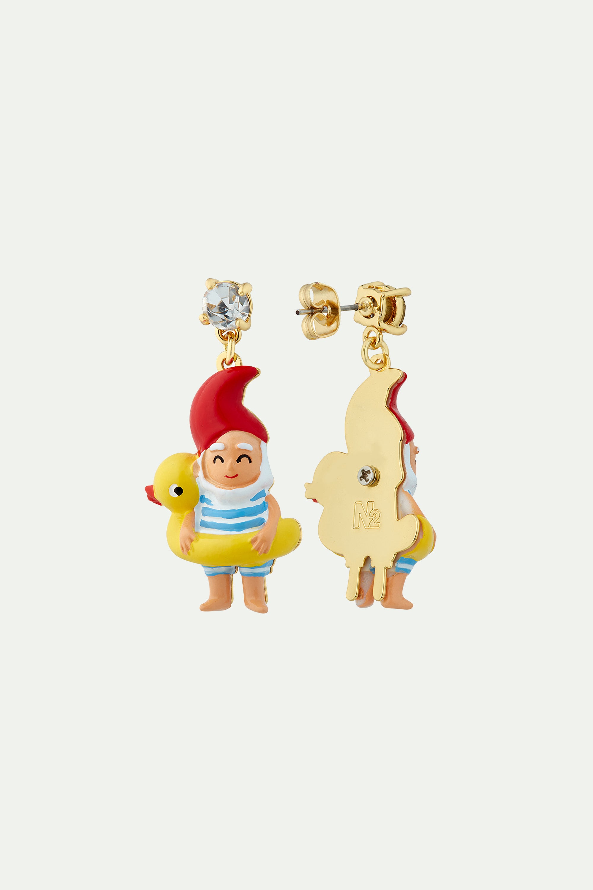 Garden gnome and inflatable duck ring post earrings