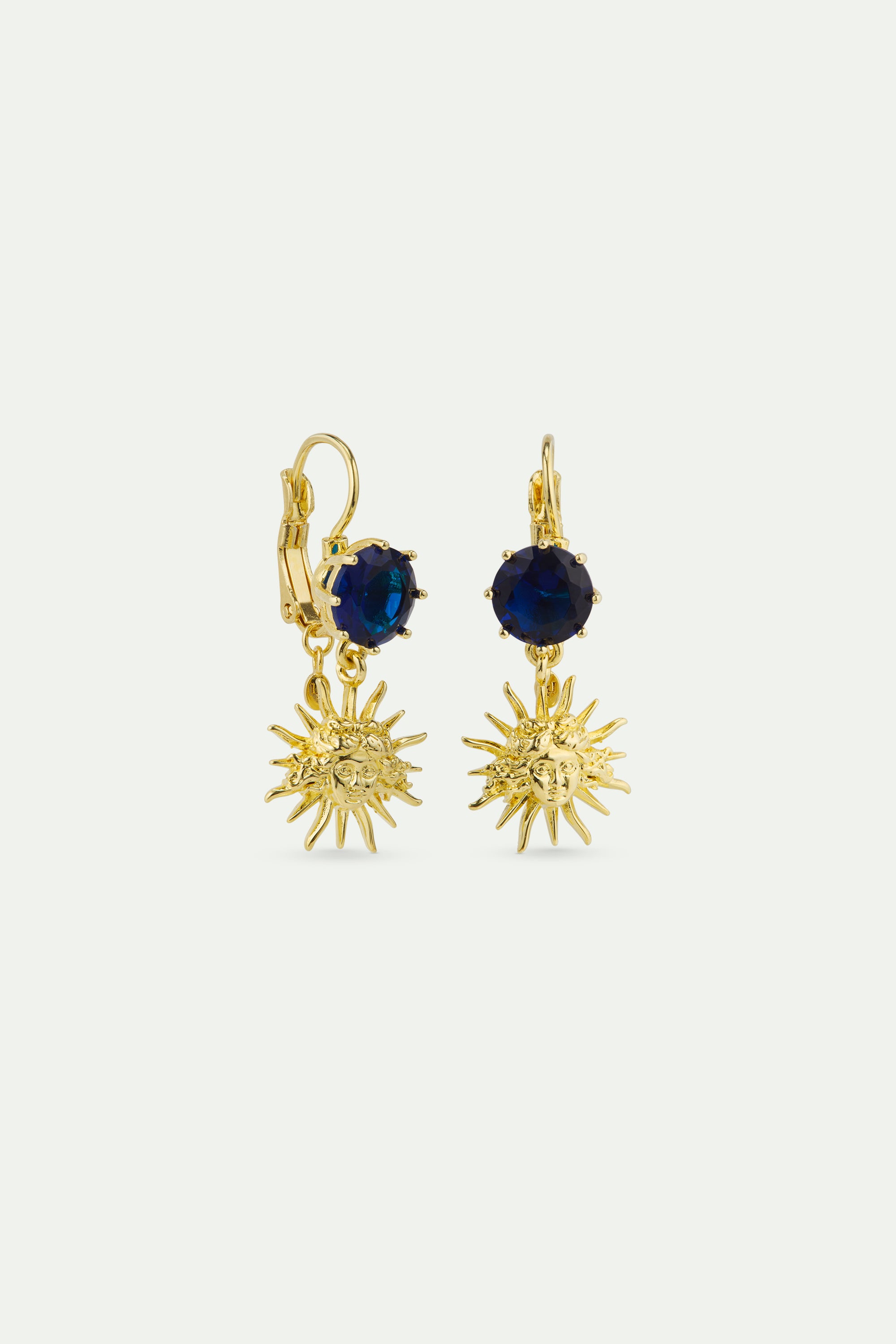 Sun King and round blue stone sleeper earrings