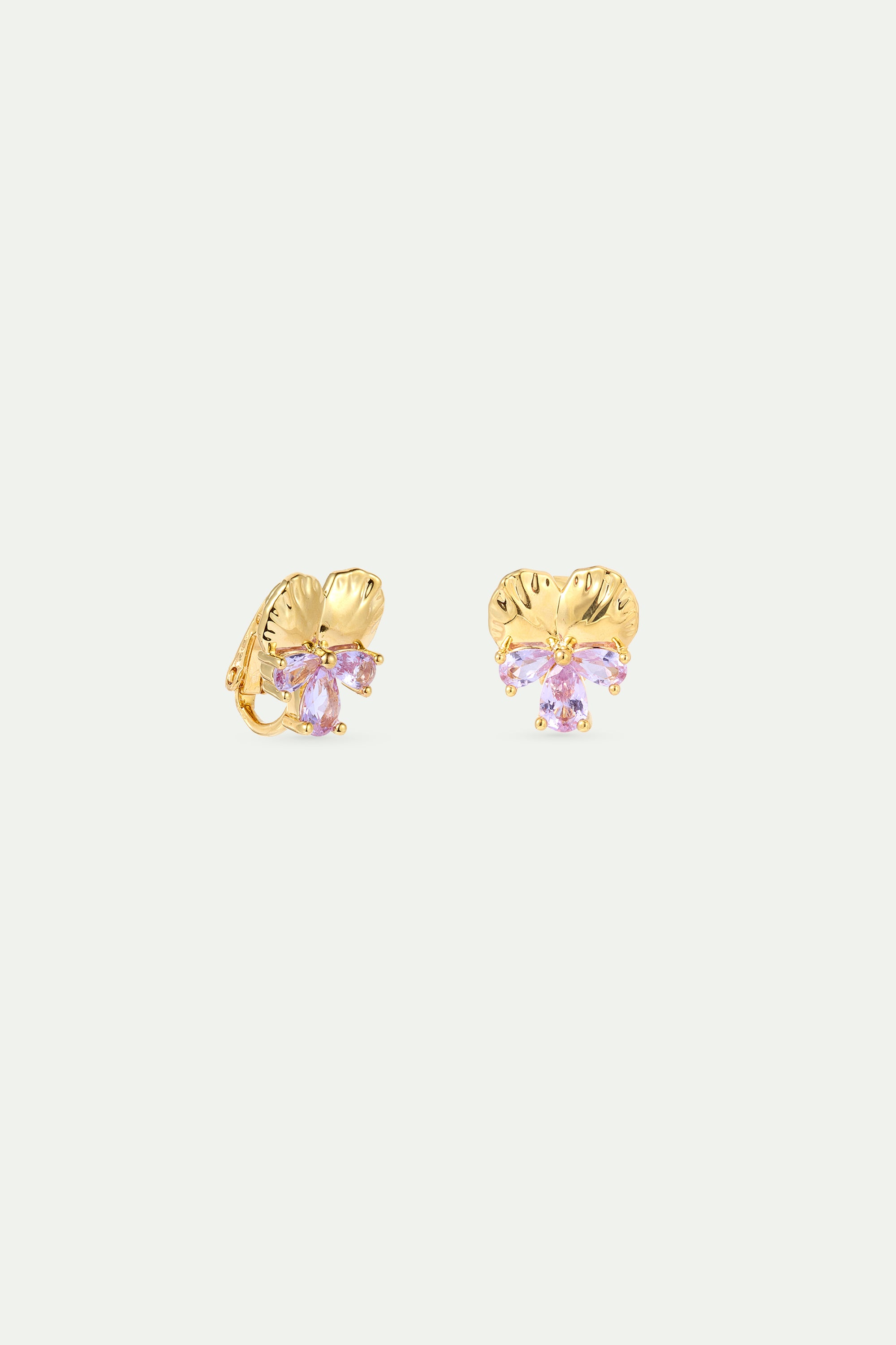 Gold post earrings with pansies and pink stones