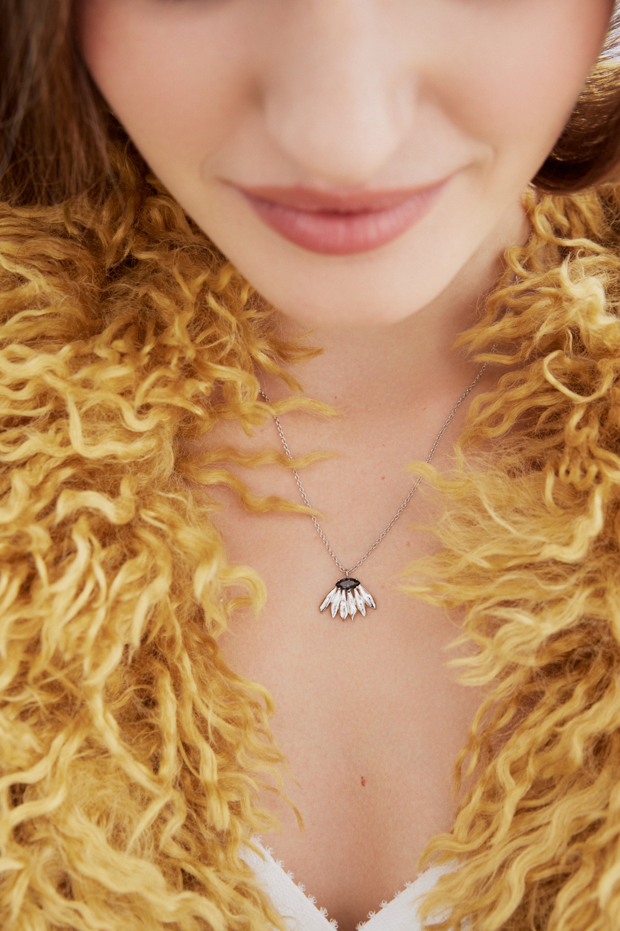 Silver sunflower and purple stone pendant necklace