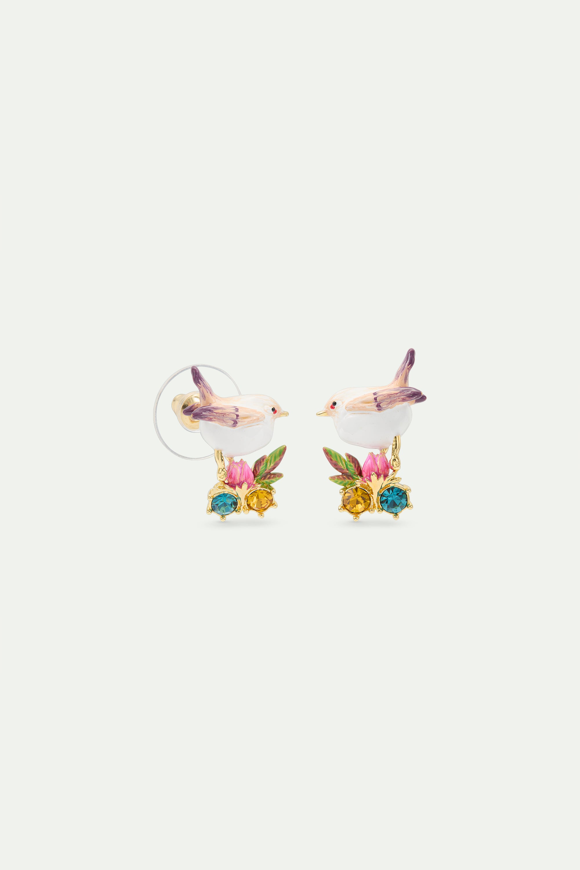 Snow bunting post earrings with rosebud and crystals