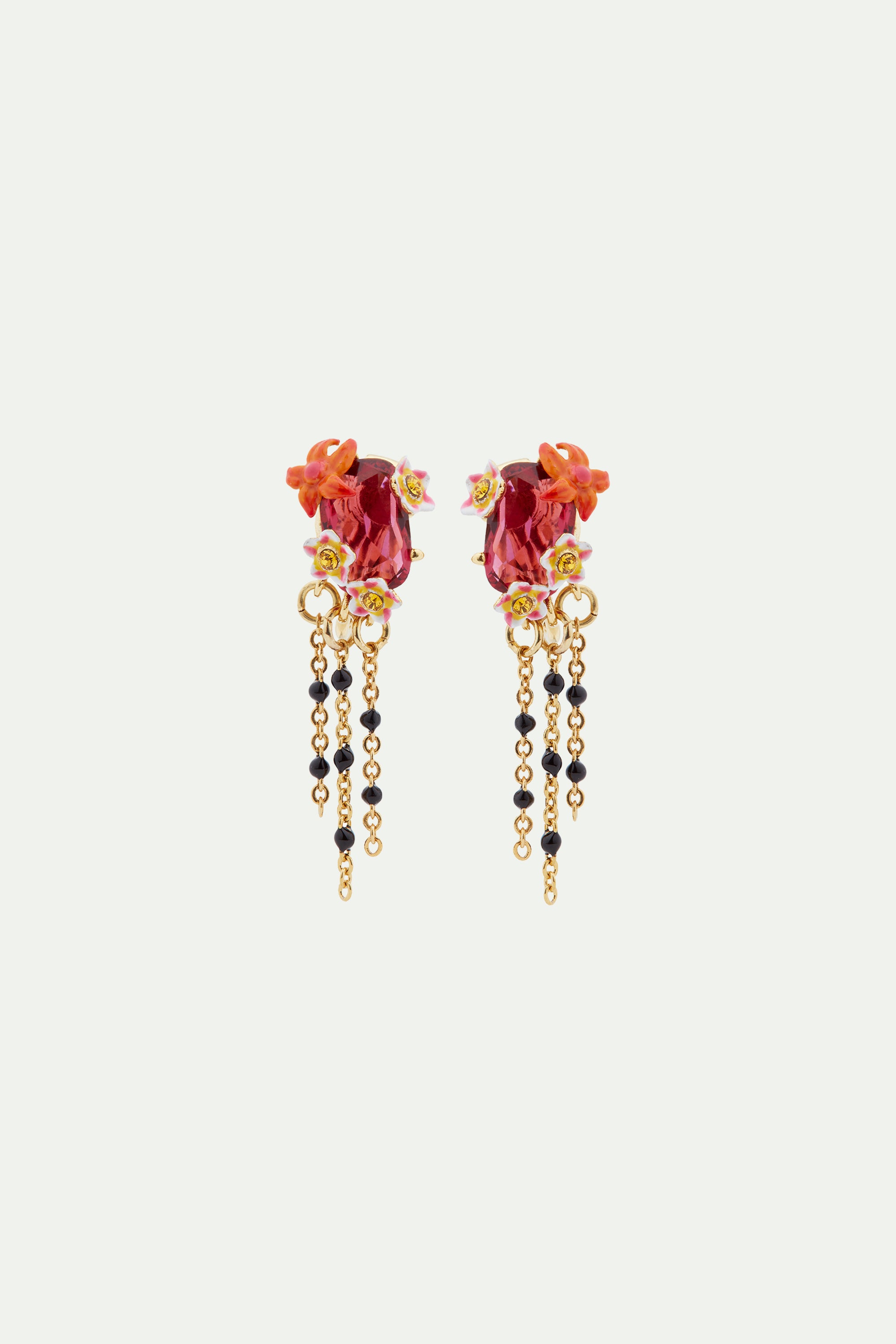 Faceted crystal and exotic flower dangling post earrings