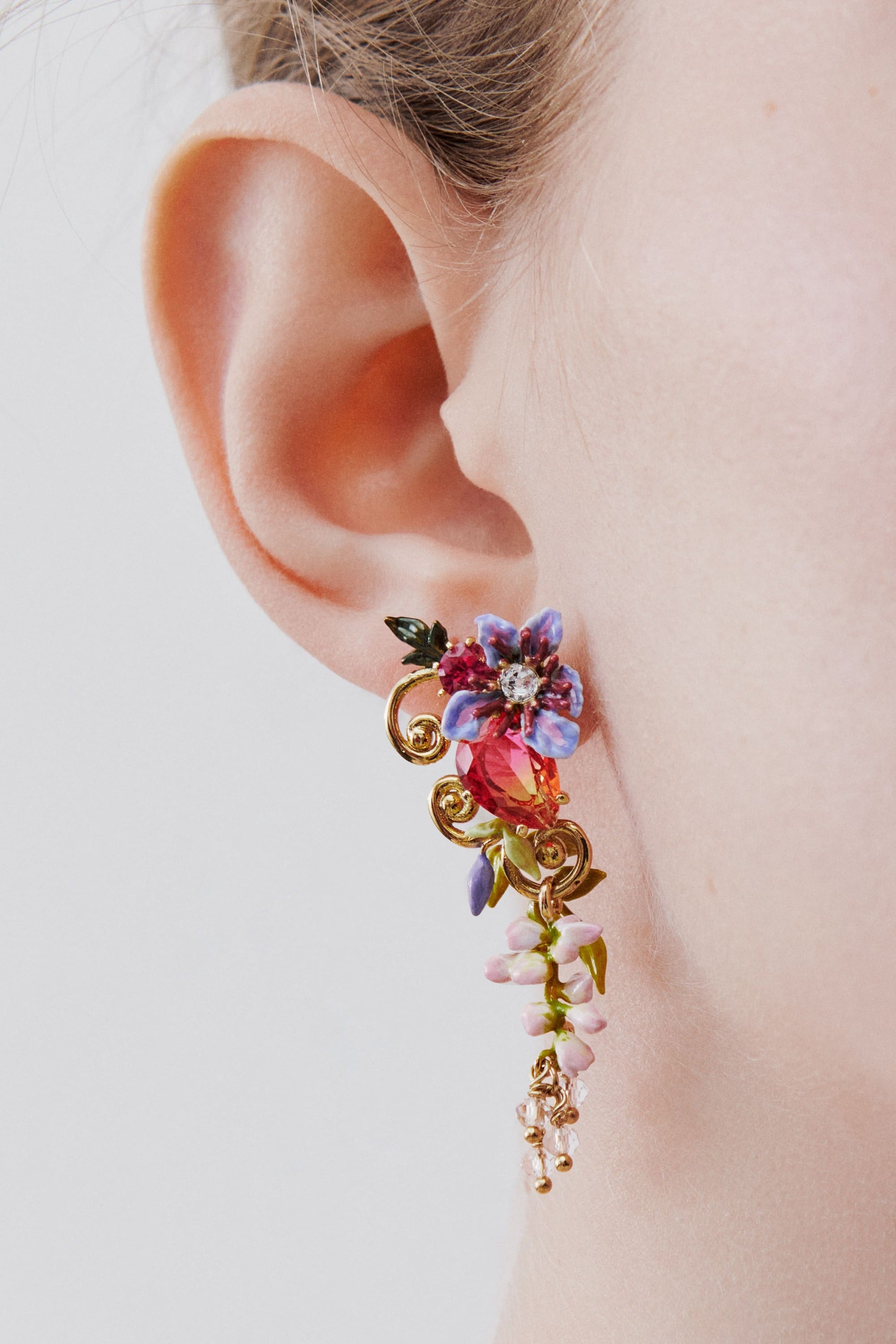 Two-tone faceted glass dangle earrings, pink wisteria on a golden arabesque, faceted crystal bead and ivy