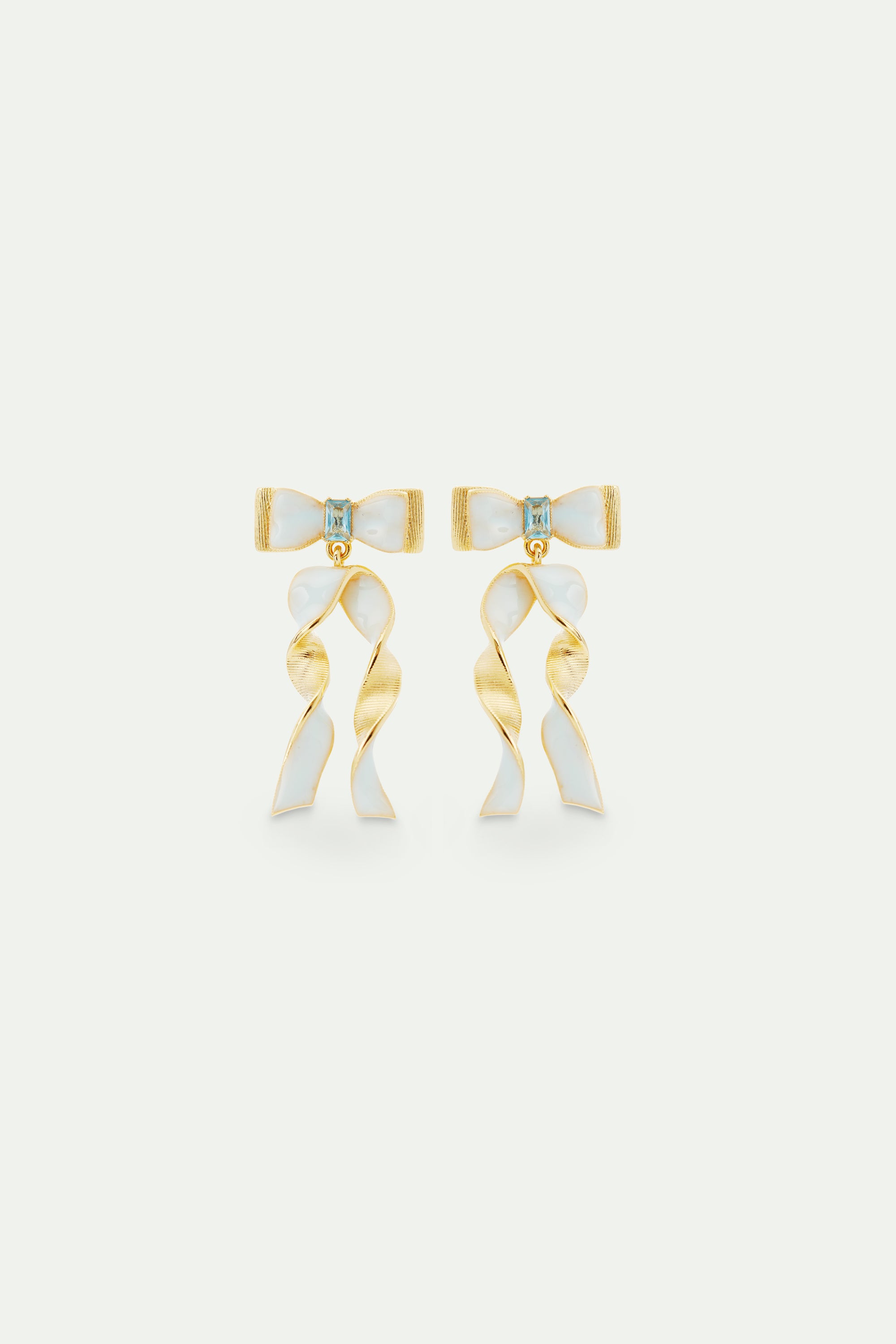 Blue and gold ribbon and blue cut stone earrings