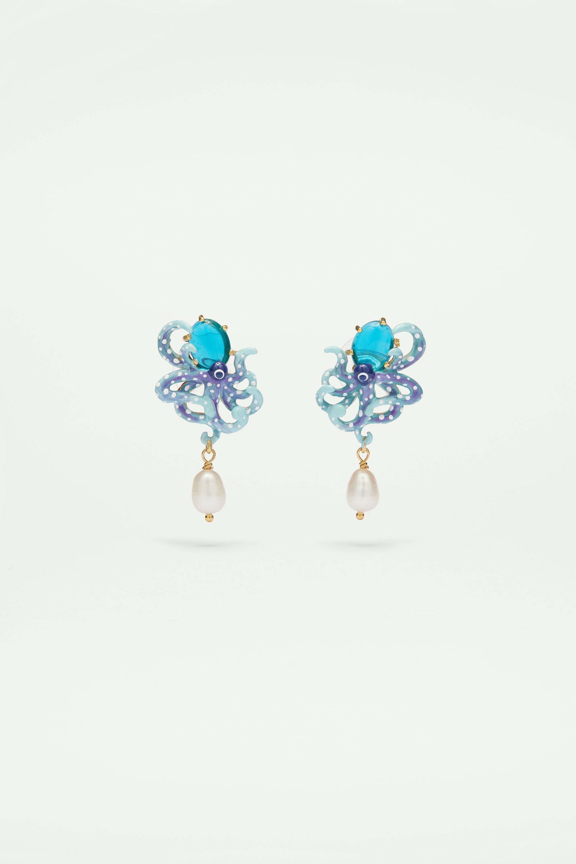 Enamelled blue octopus, blue cut glass stone and mother of pearl bead post earrings