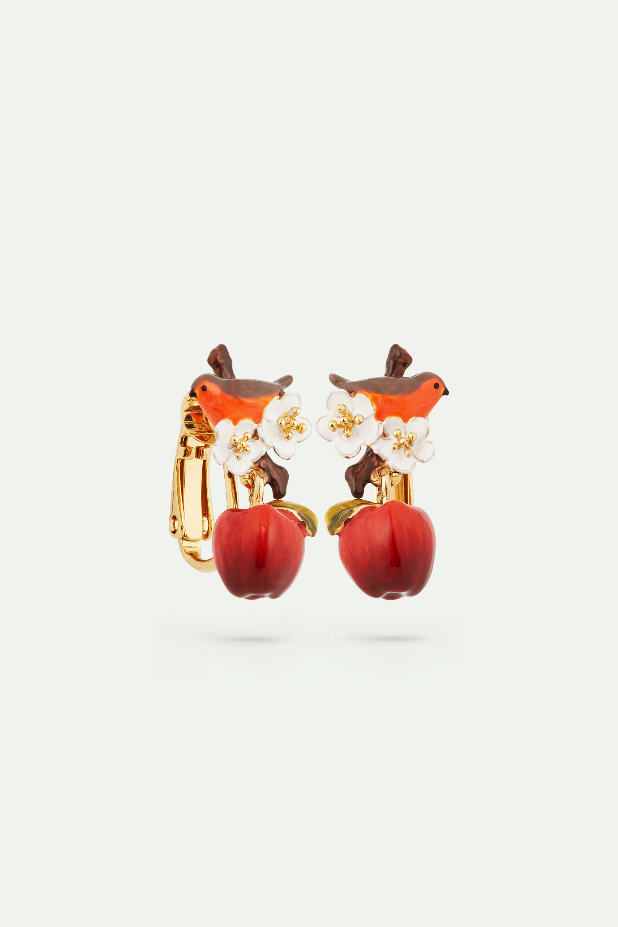 Robin and apple clip-on earrings