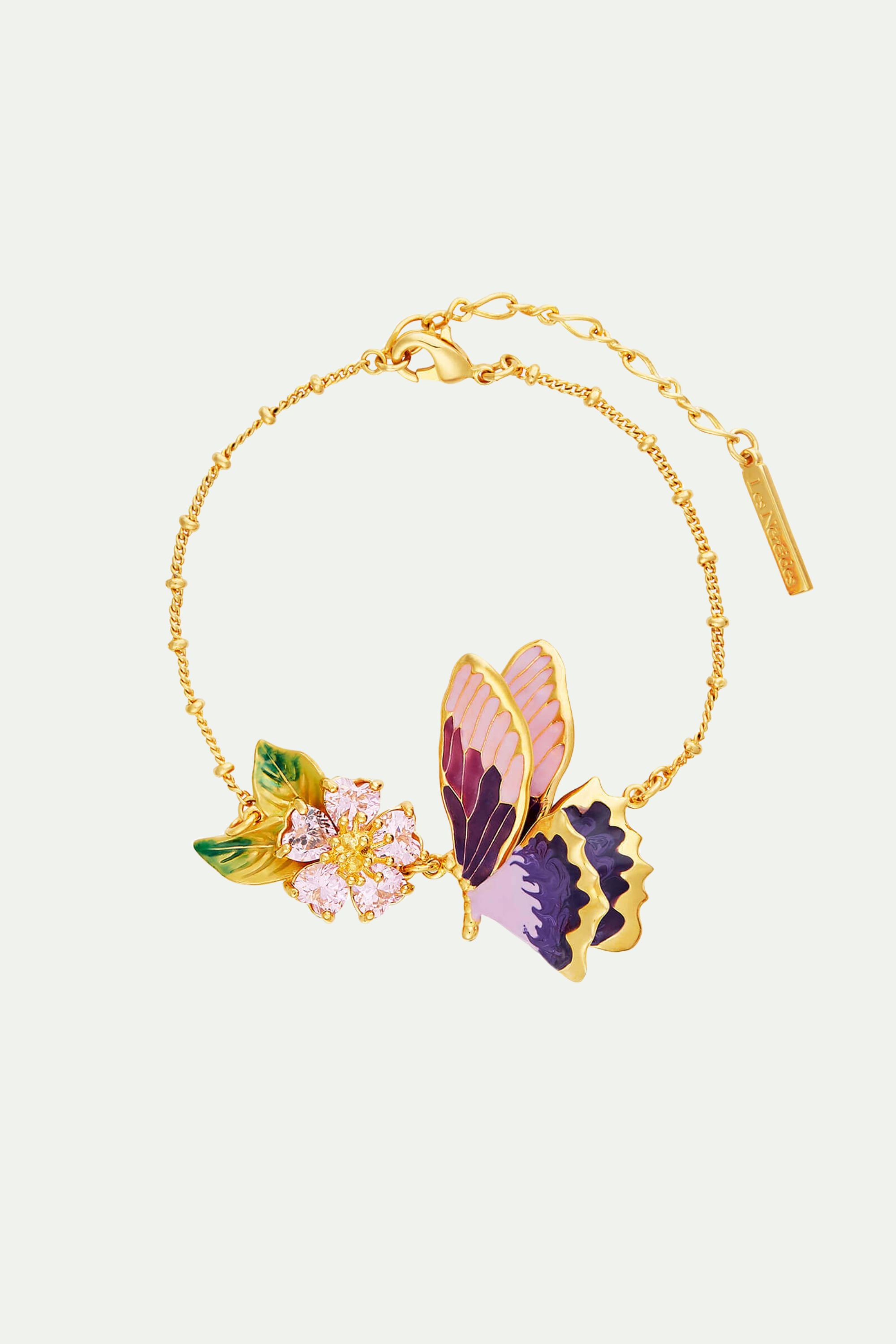 Terinos Butterfly and Heart Flower Petals Thin Bracelet