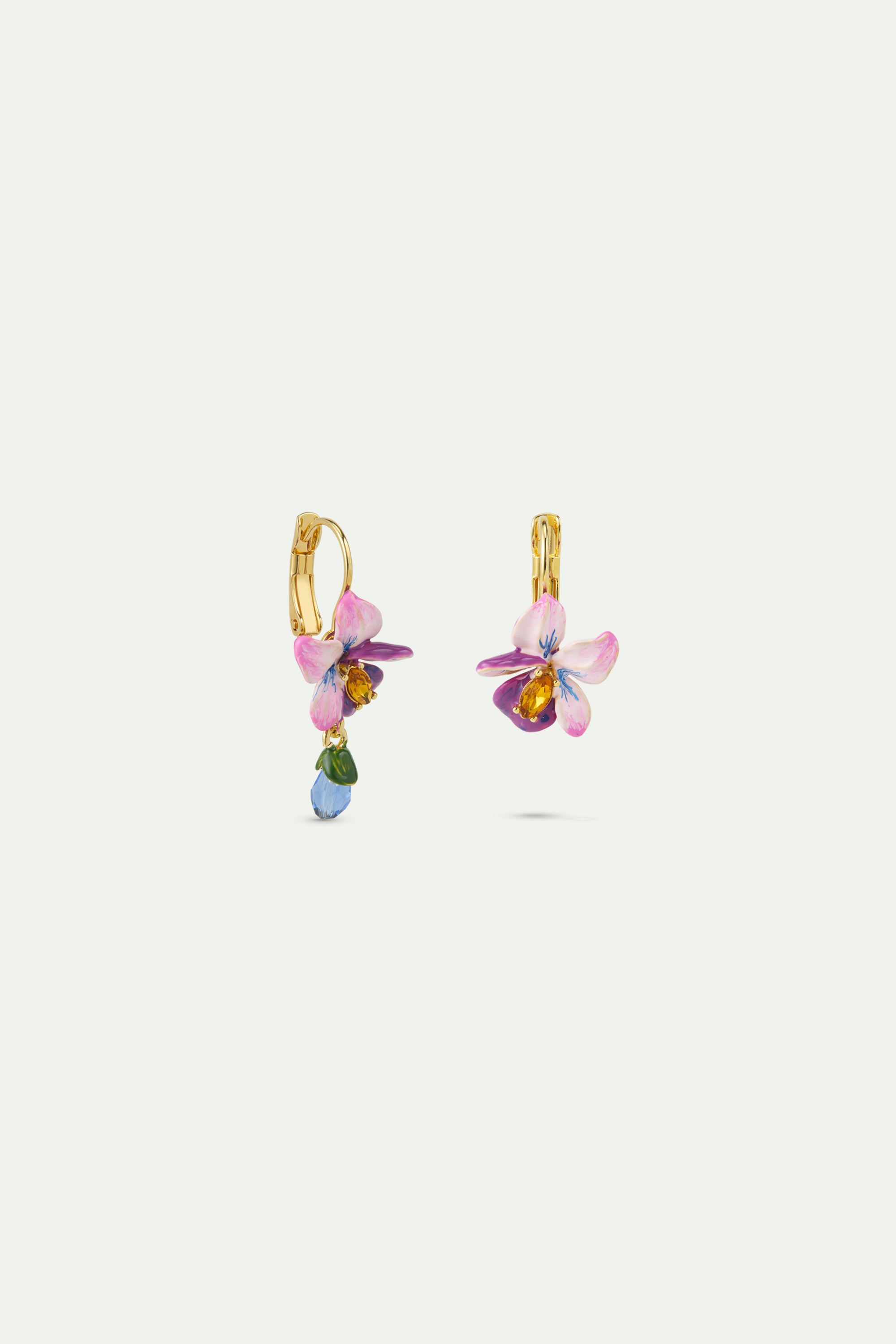 Asymmetrical violet flower and blue stone earrings