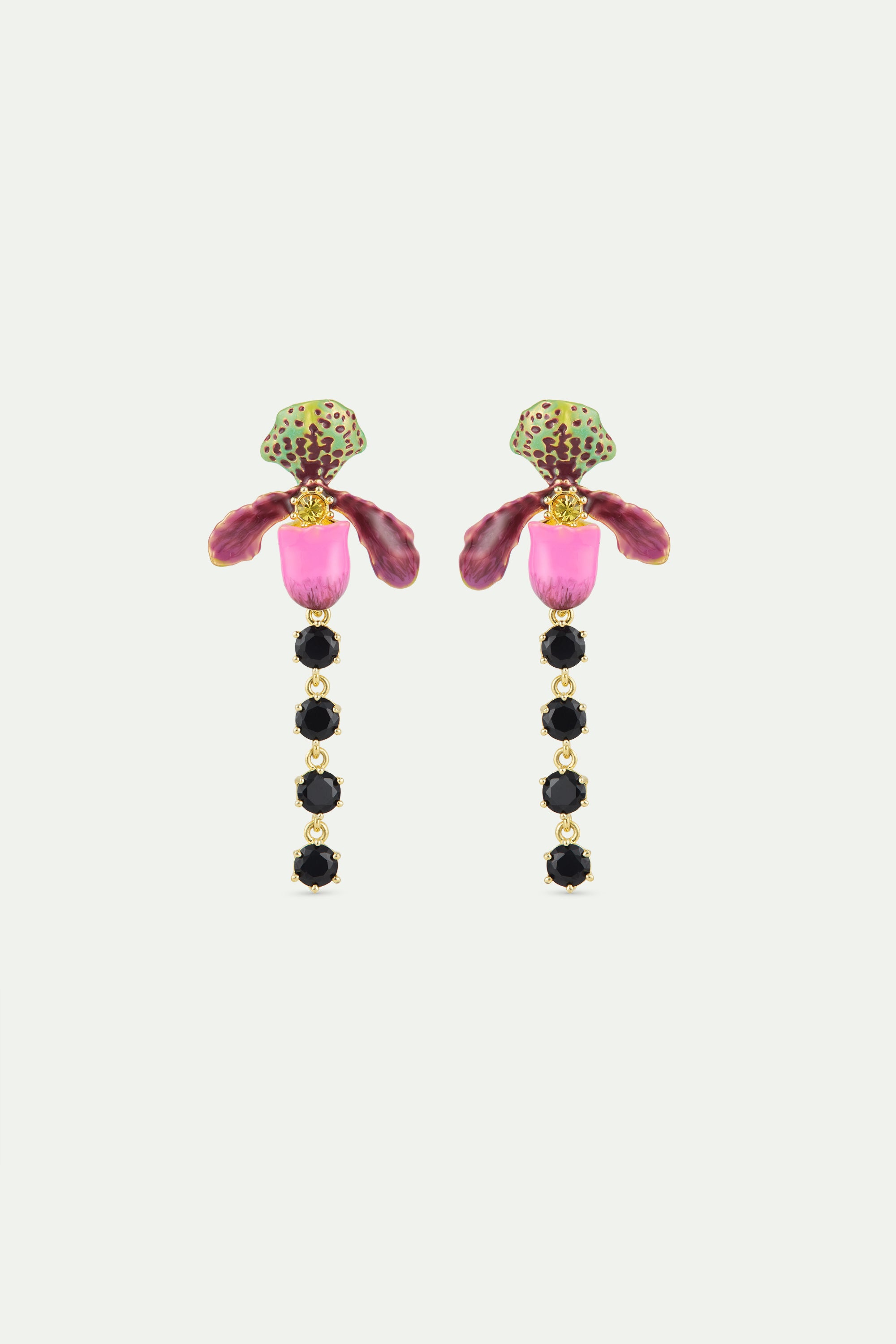 Dangle earrings with purple lady's slipper orchid and black faceted glass