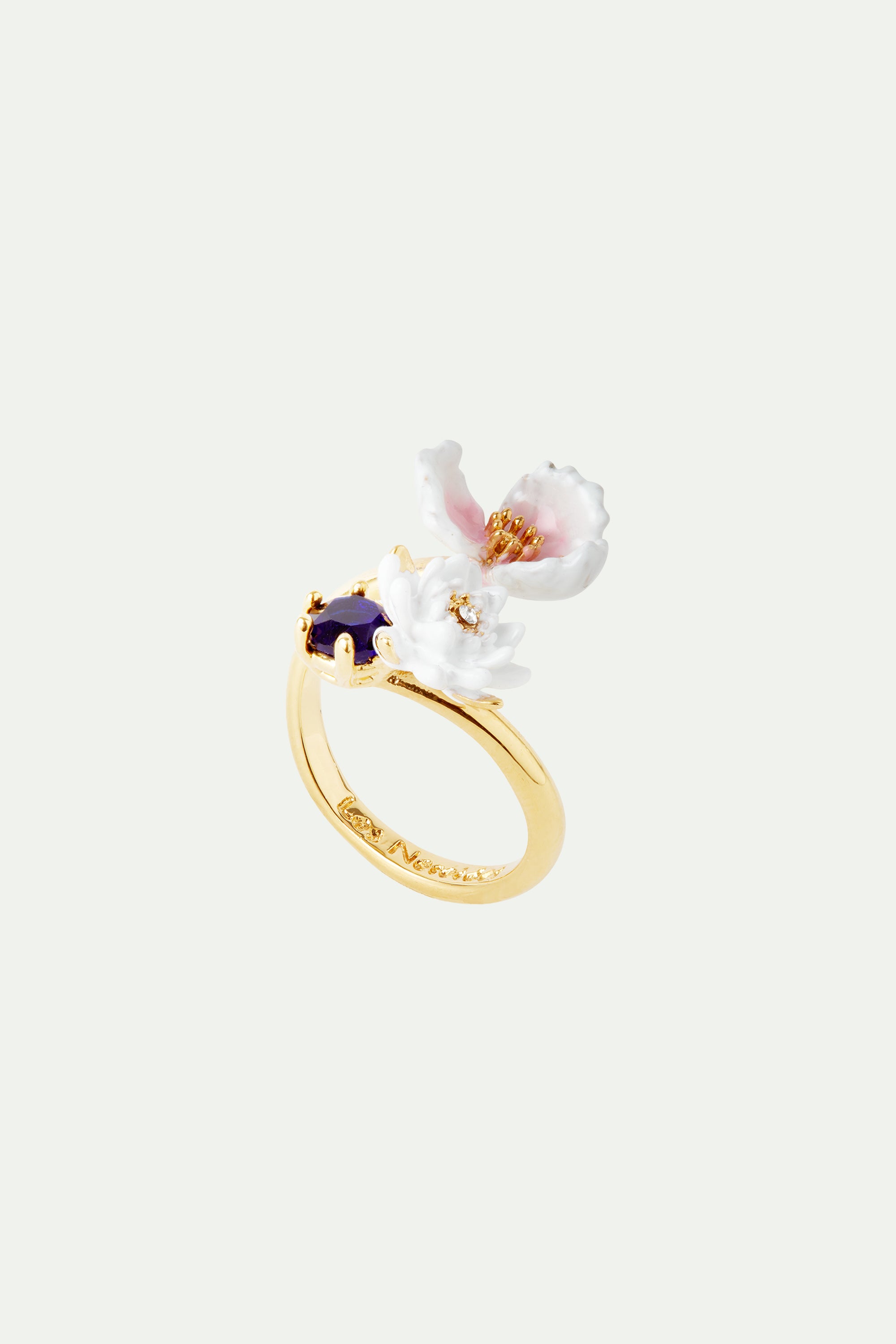 White water lily on blue stone and pink water plantain adjustable ring