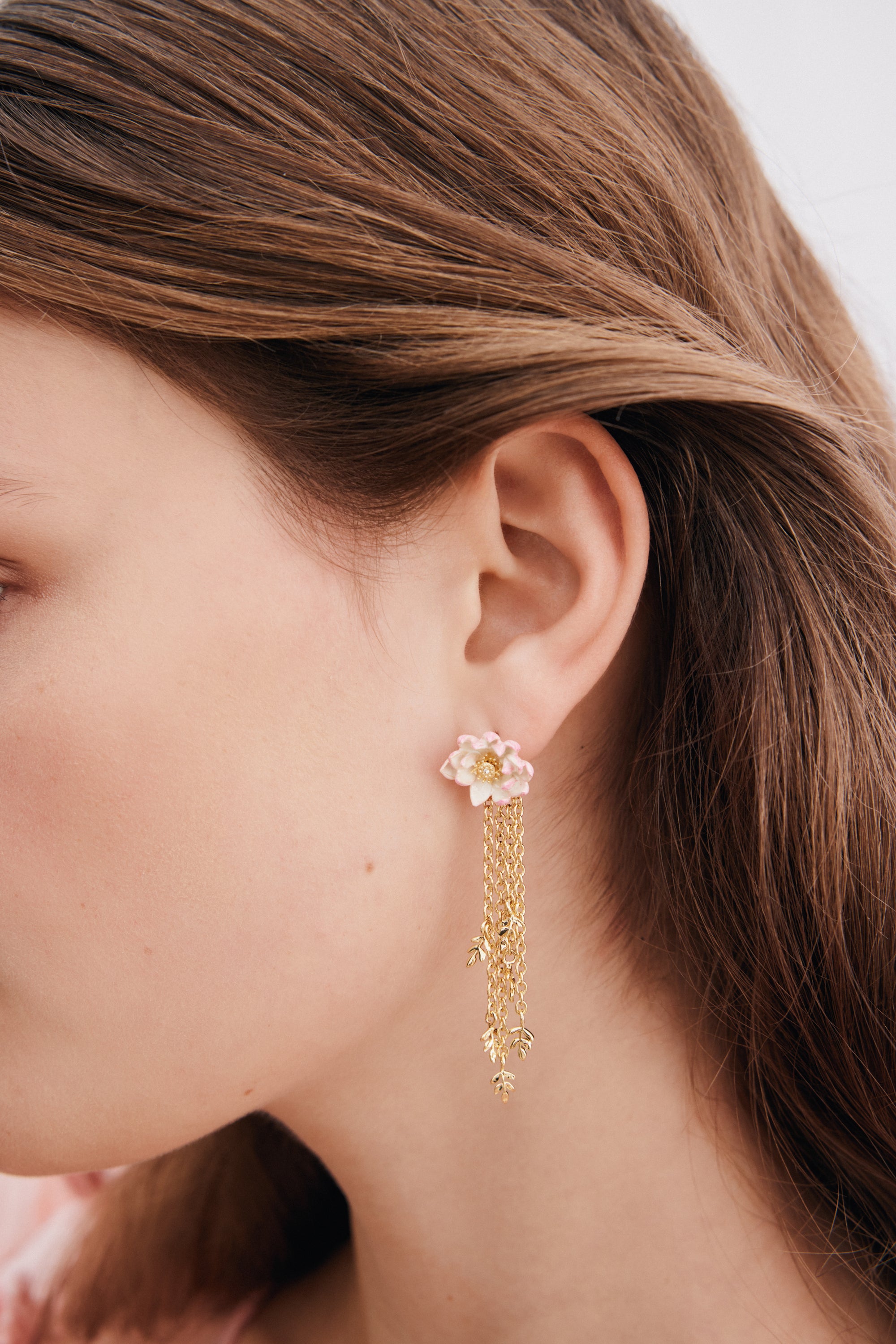 Gold-plated pink water lily dangle earrings
