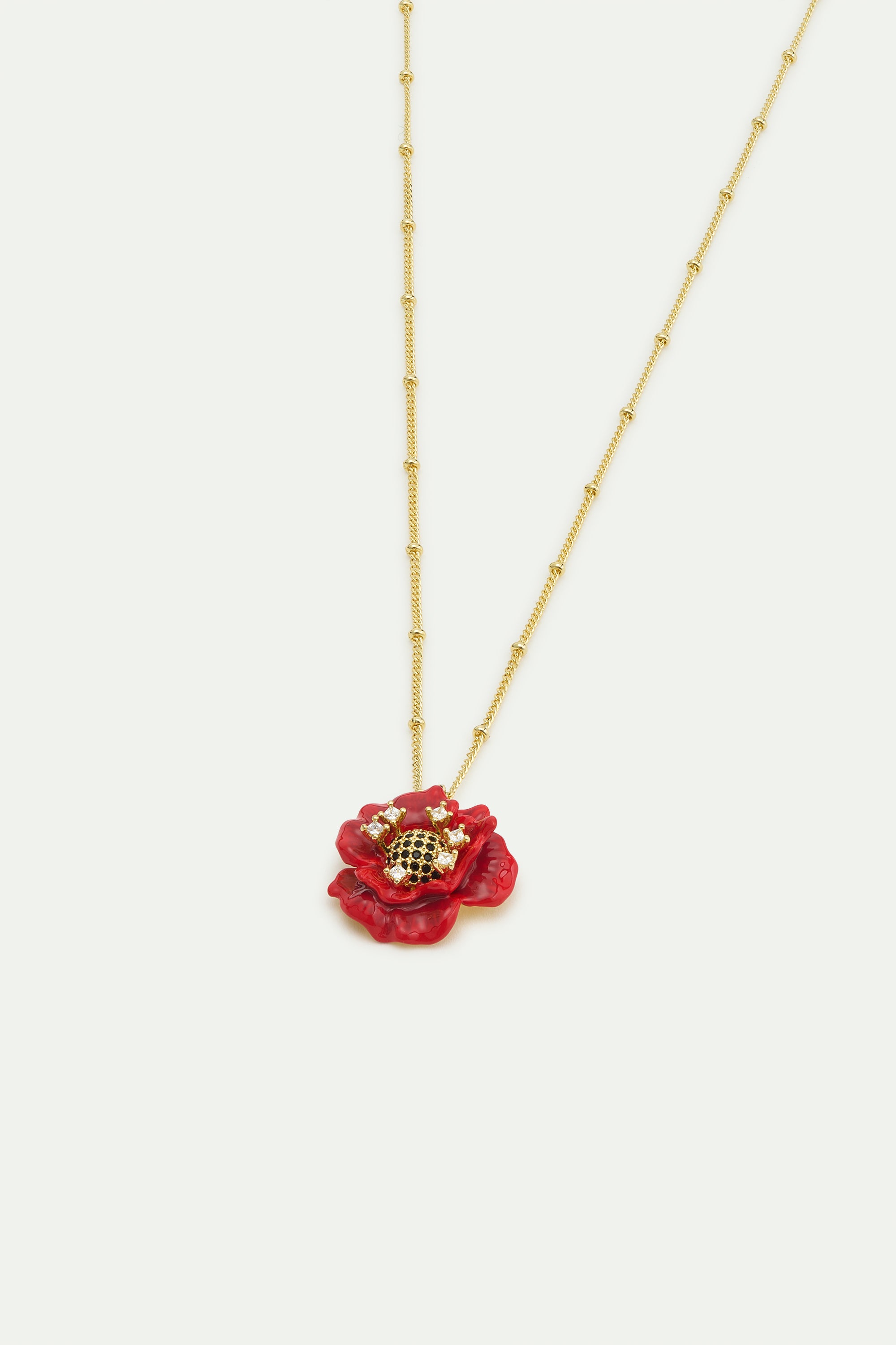 Red poppy and cubic zirconia pendant necklace