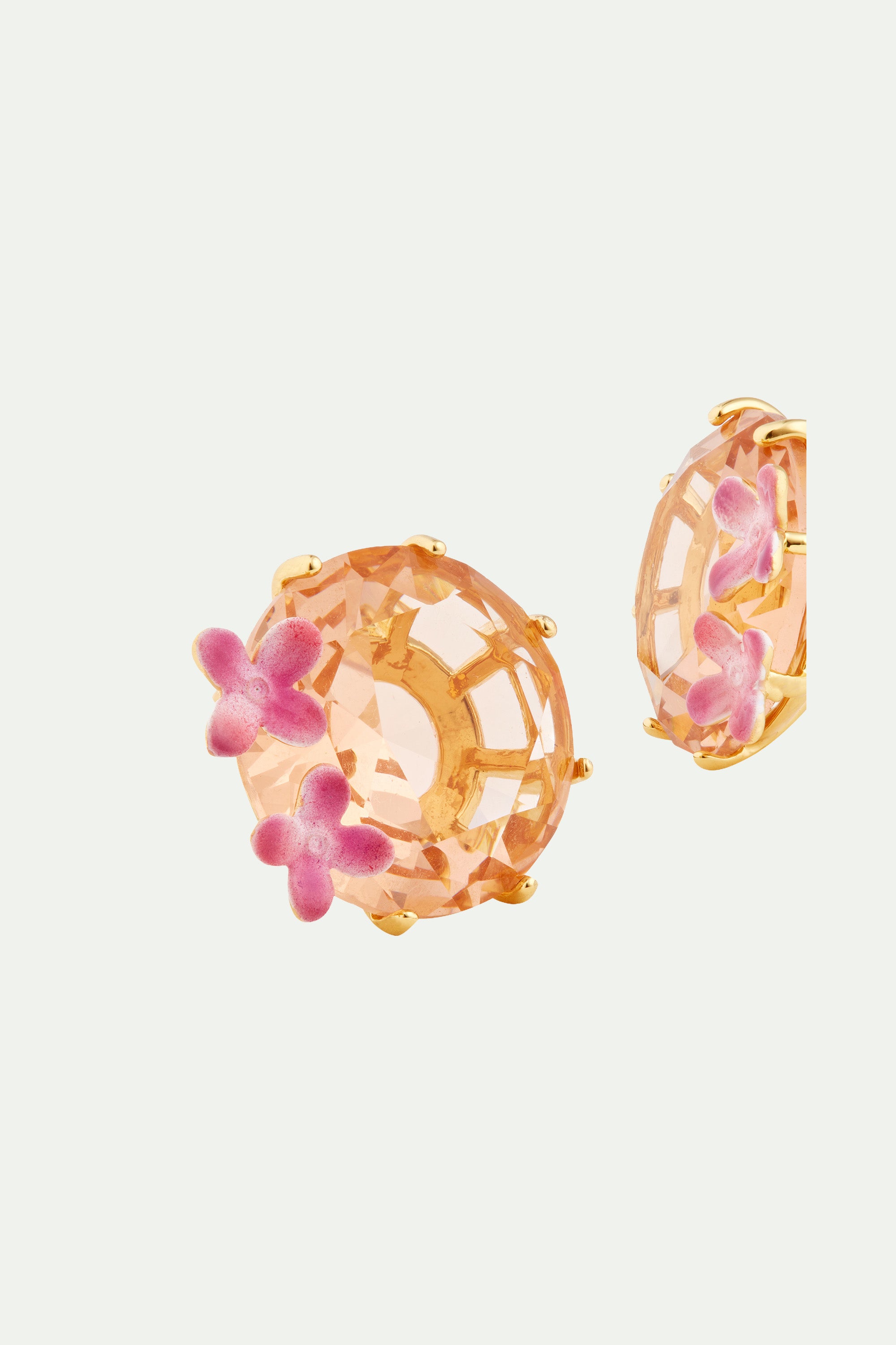 Apricot pink diamantine flower and round stone post earrings