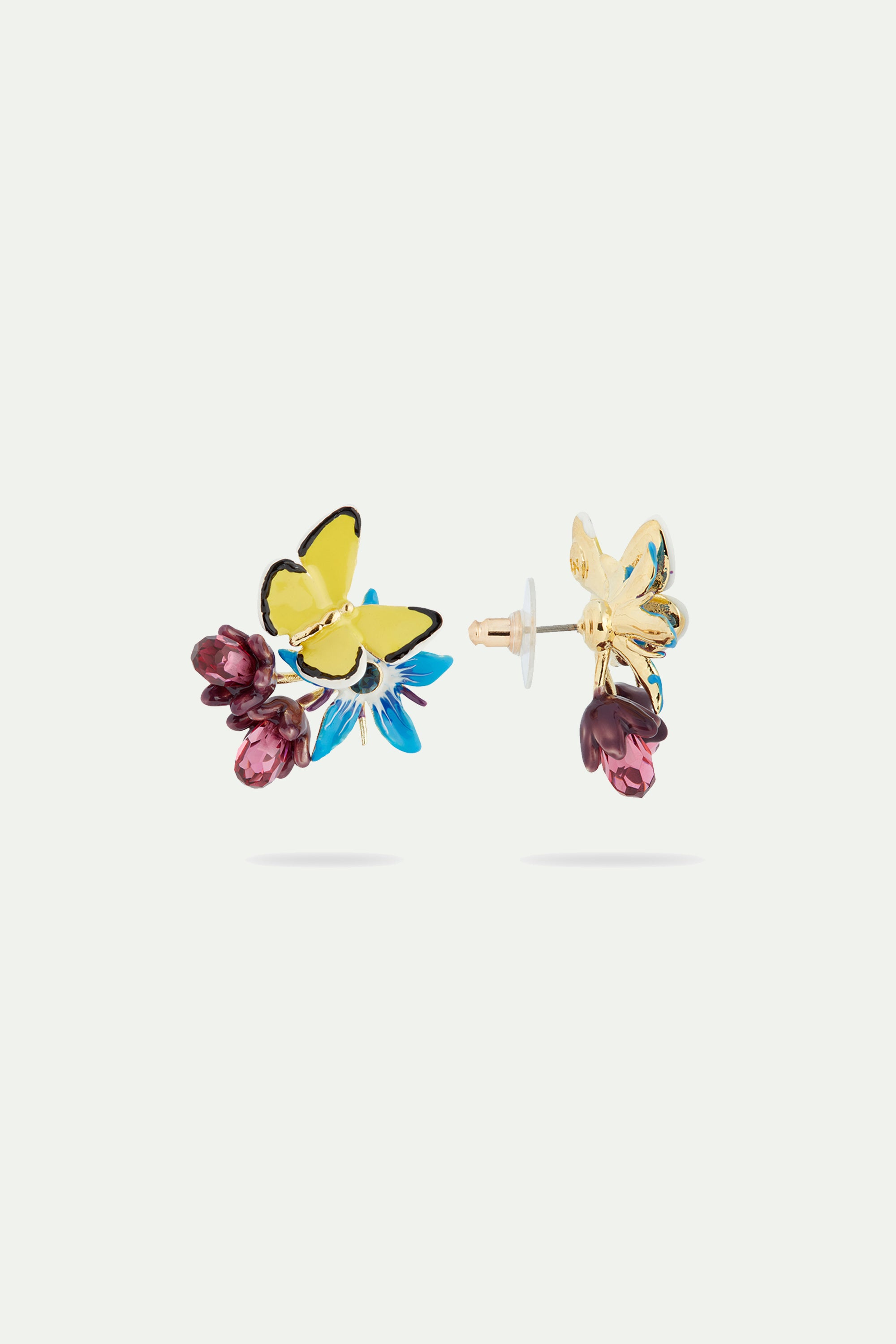 Blue flower and yellow butterfly post earrings
