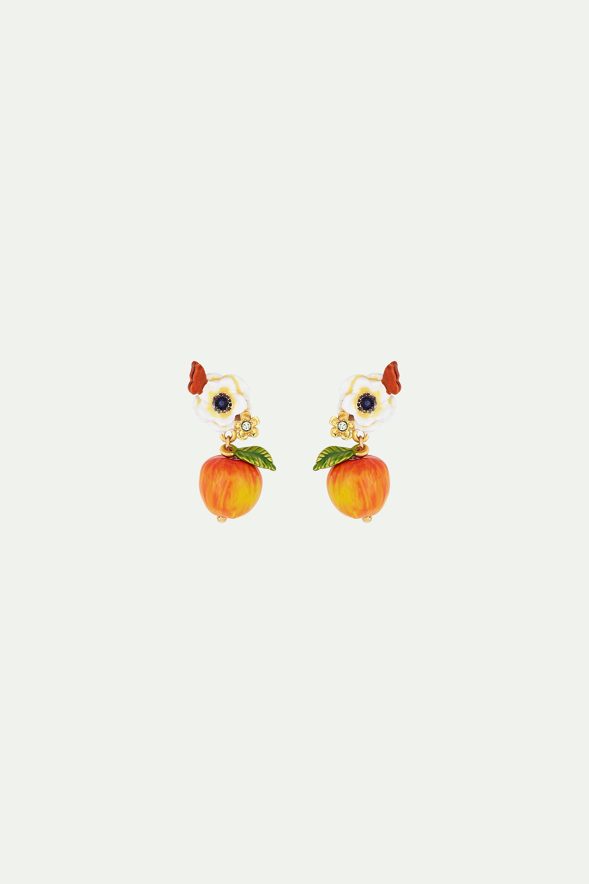 White poppy flower, butterfly and crunchy apple clip on earrings