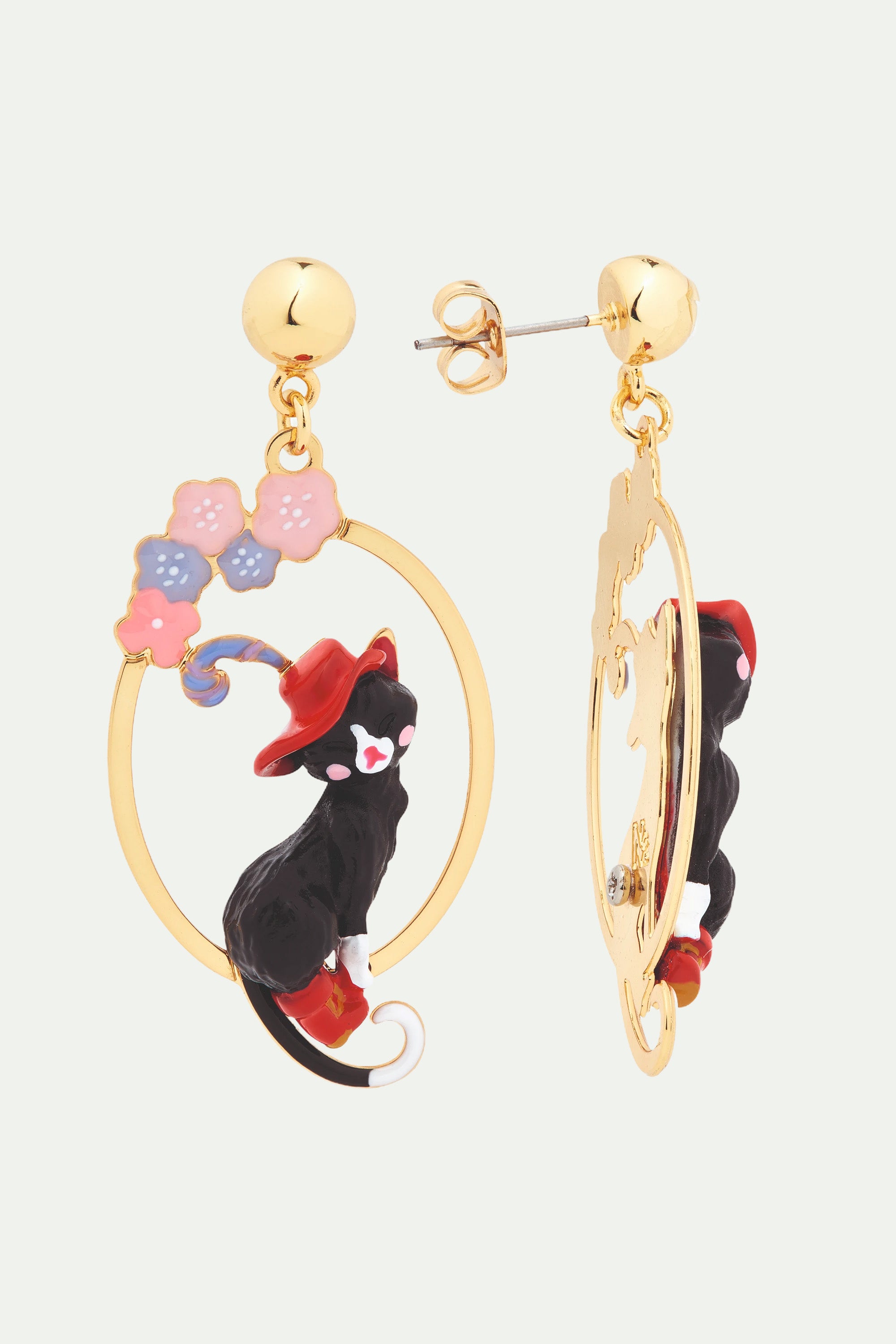 Charming cat and flower post hoop earrings
