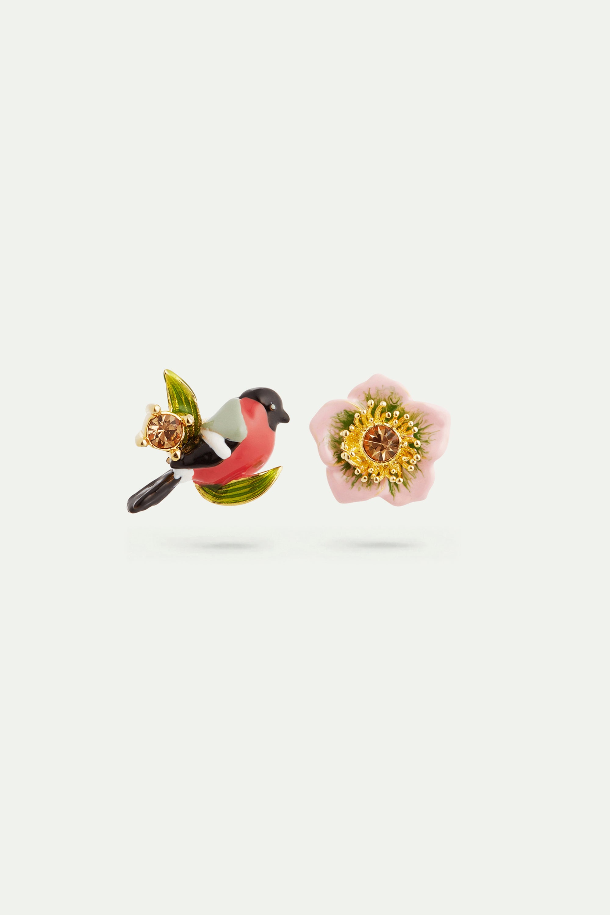 Asymmetrical pink hellebore and red bird post earrings