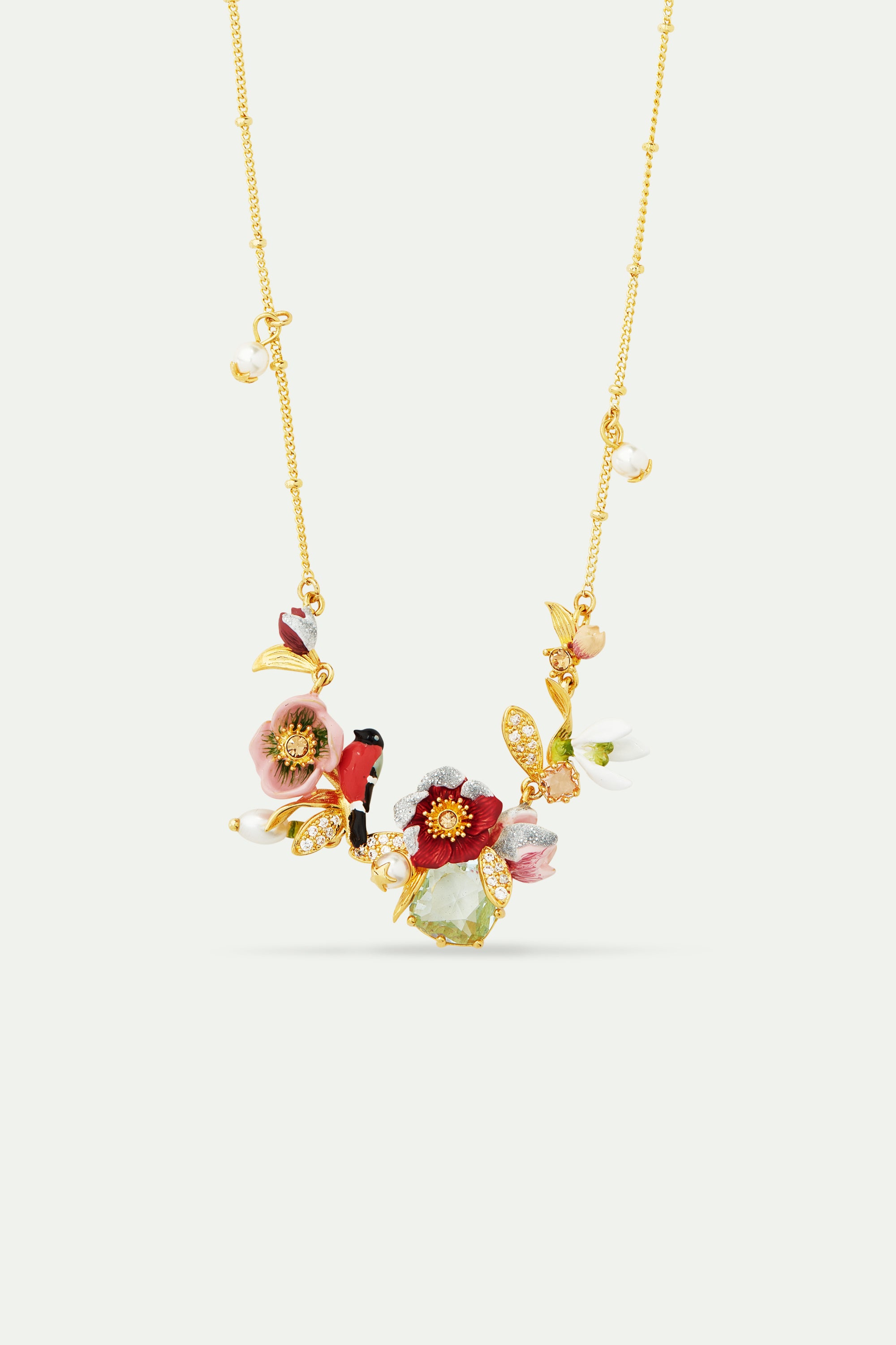 Hellebore flower, snowdrops, bullfinch and mistletoe statement necklace