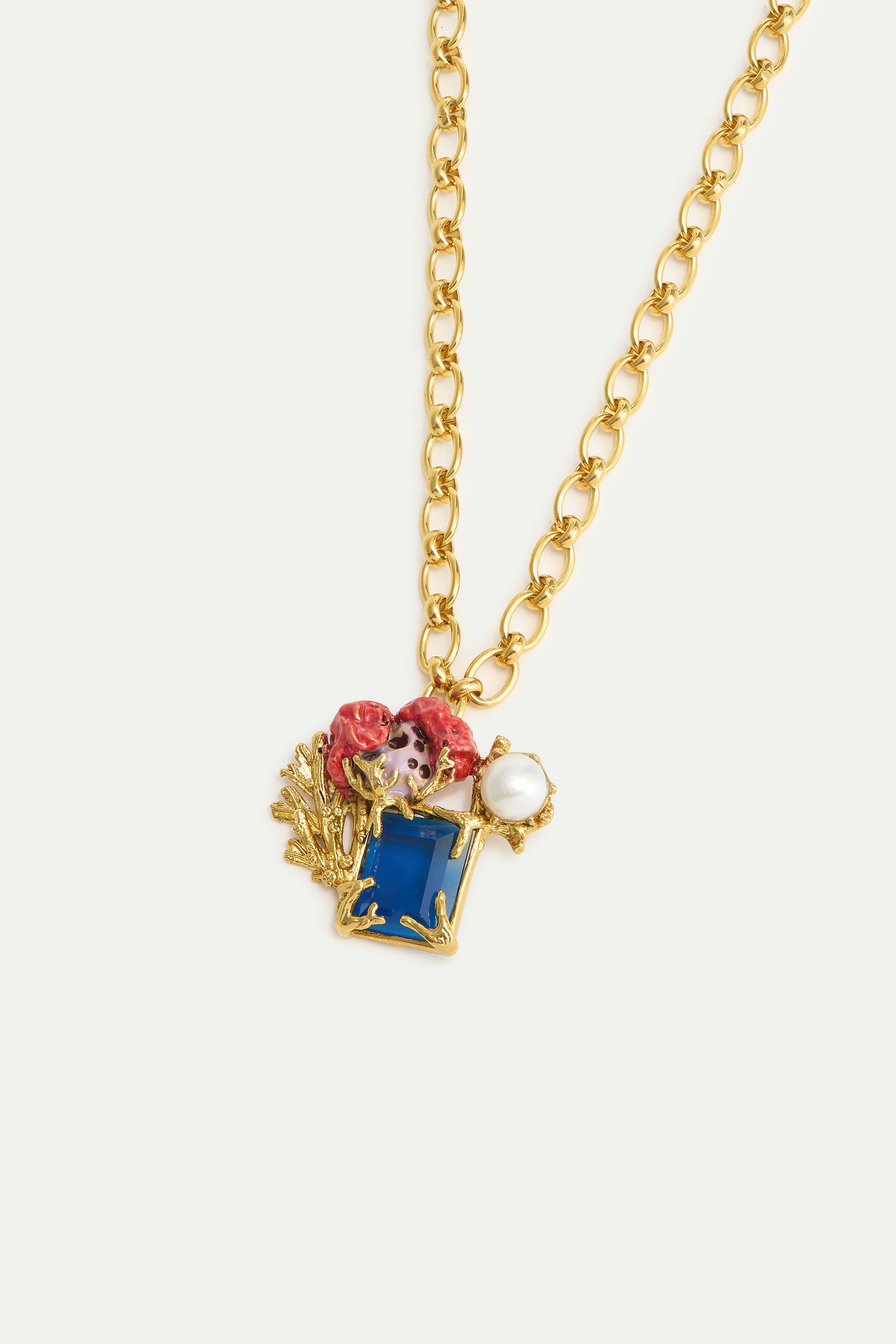 Necklace with square blue stone, coral and pearl
