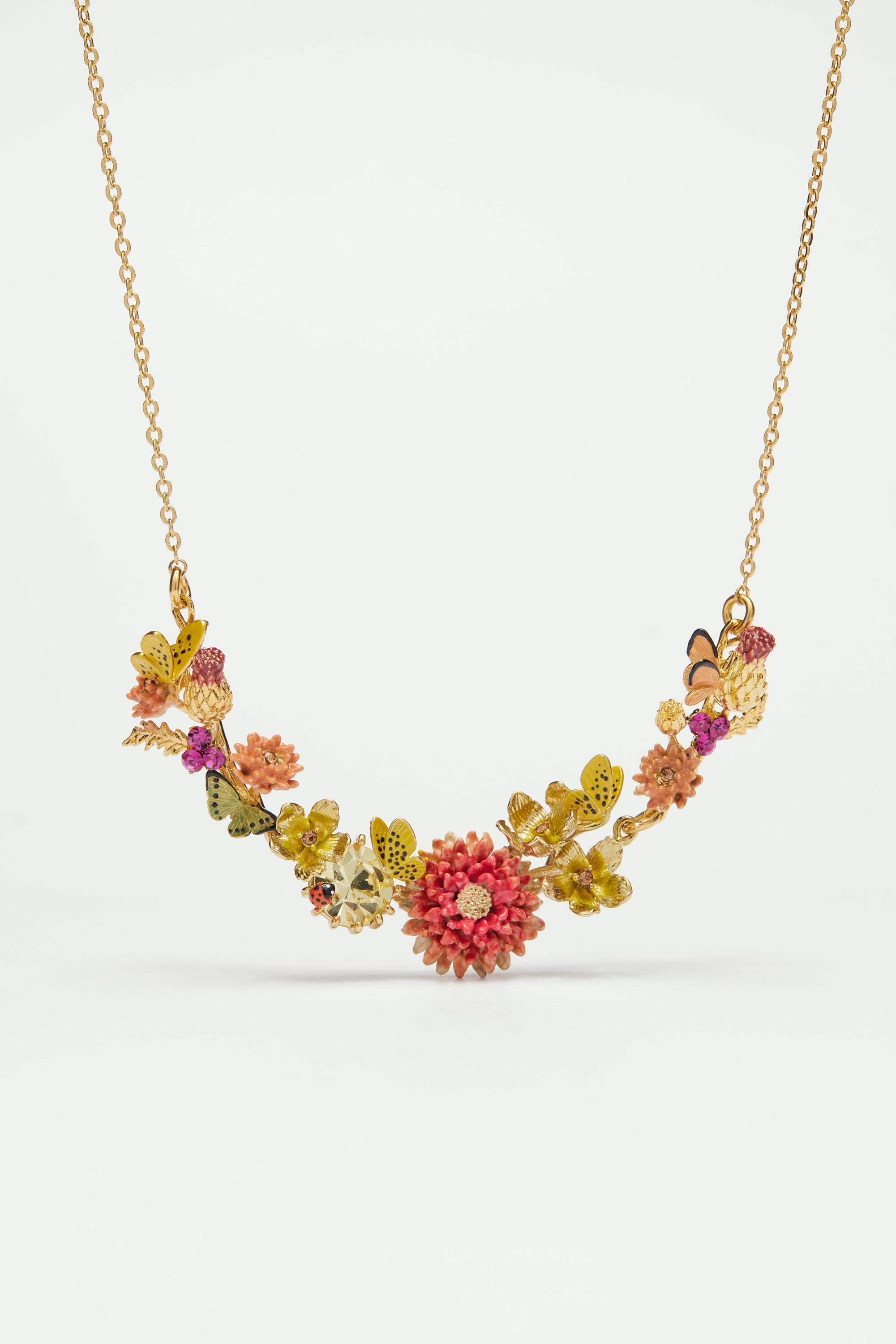 Butterfly field, flower and stone statement necklace
