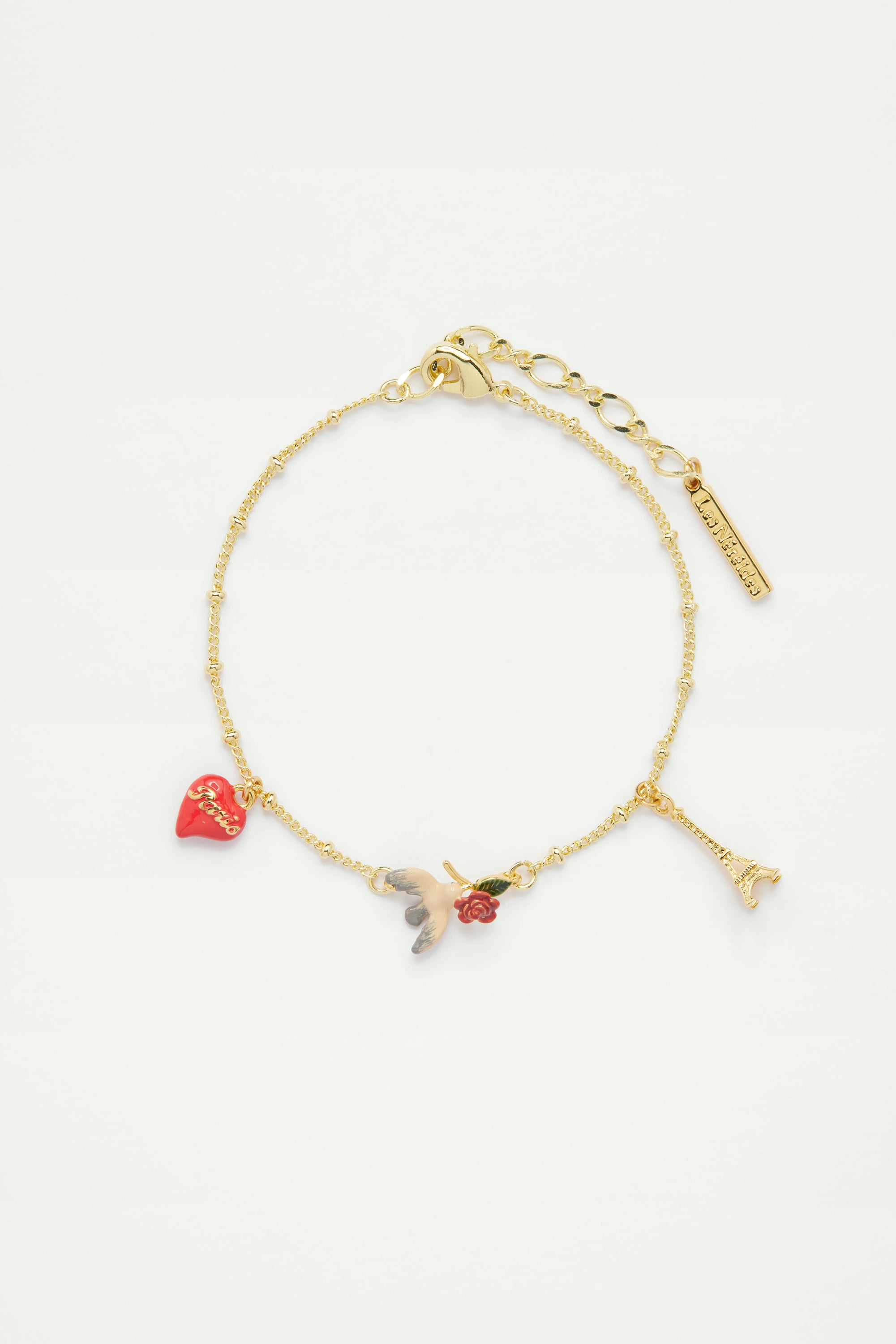 Eiffel tower, heart, sparrow and rose fine bracelet