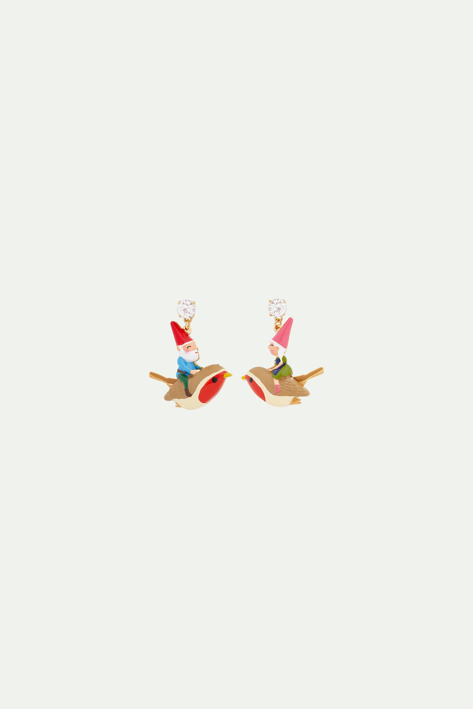 Garden gnome and bird asymmetrical clip-on earrings