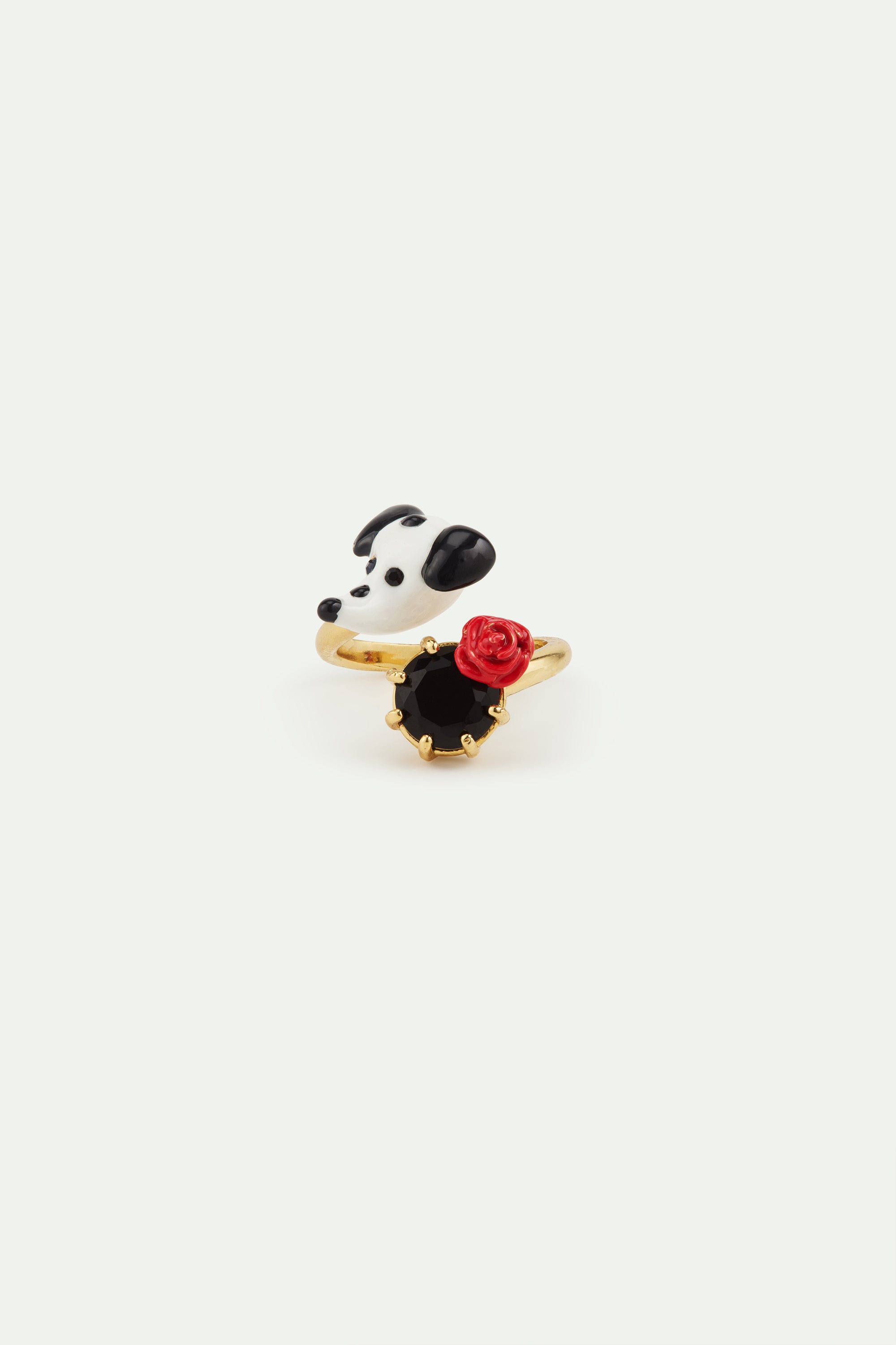 Dalmatian adjustable ring with black faceted round stone and red rose