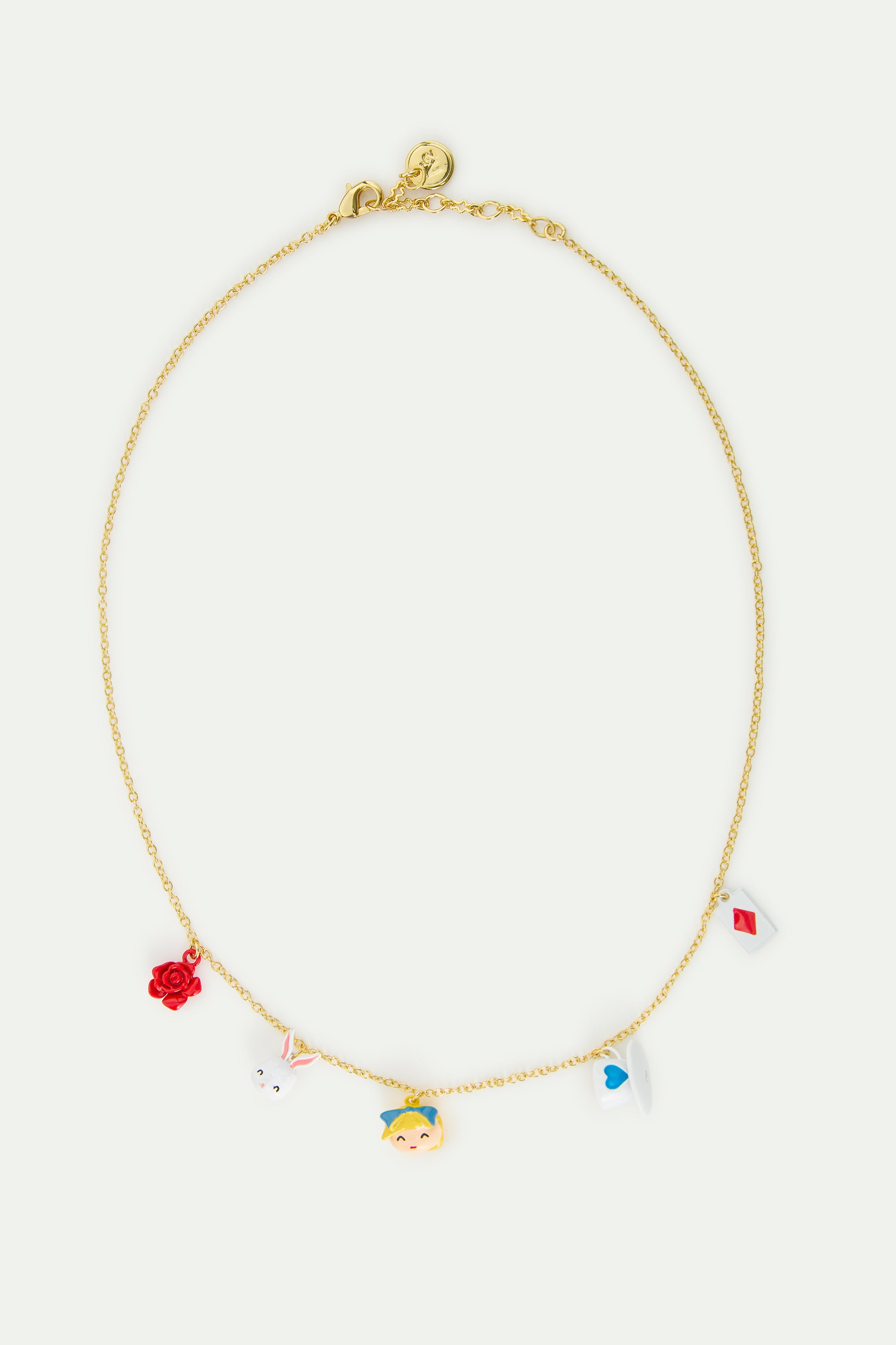 Alice in Wonderland, White Rabbit, red rose, tea cup and card pendant necklace