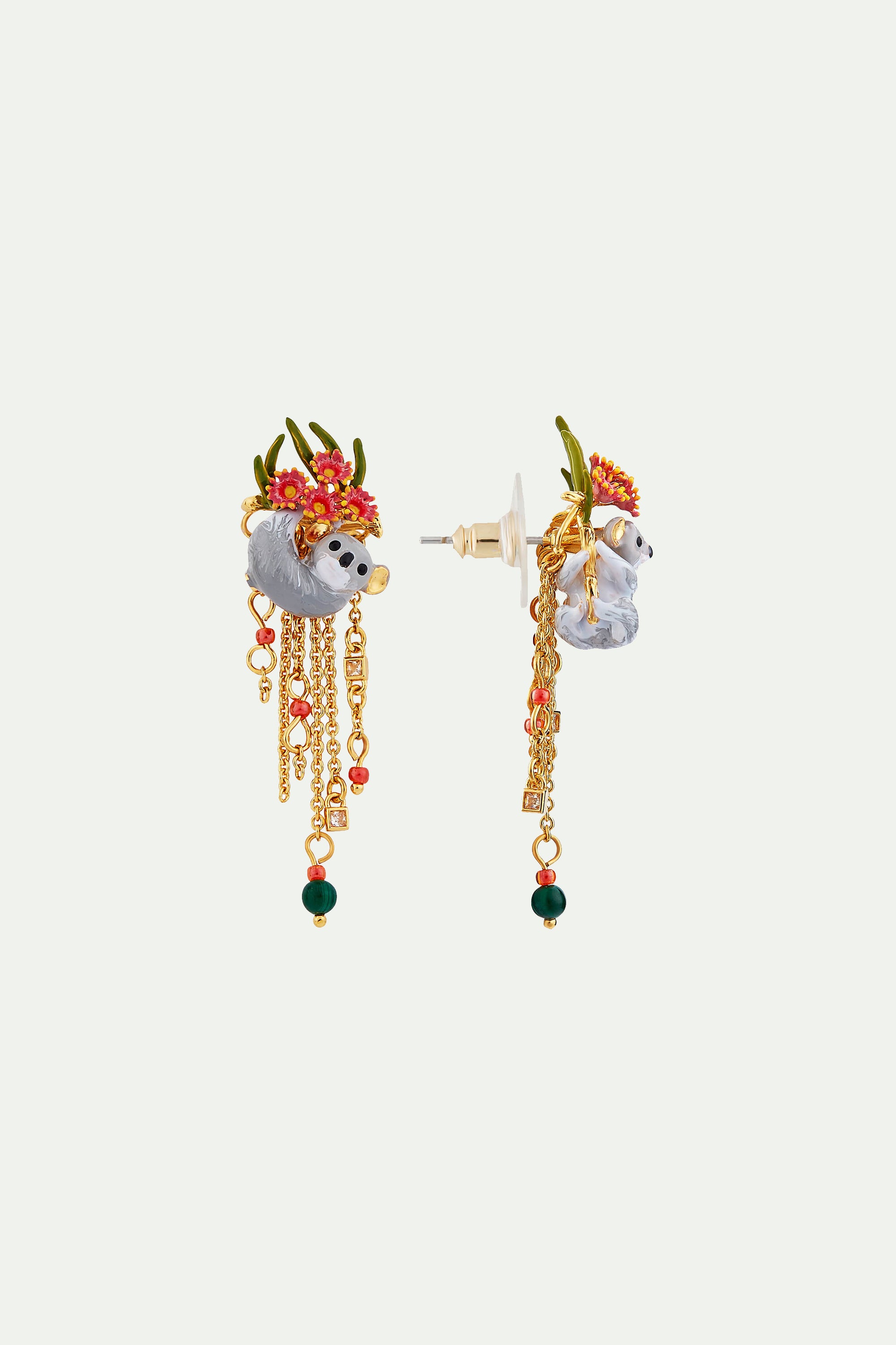 Duo of Koalas, Pink Eucalyptus and malachite beads sleeper earrings