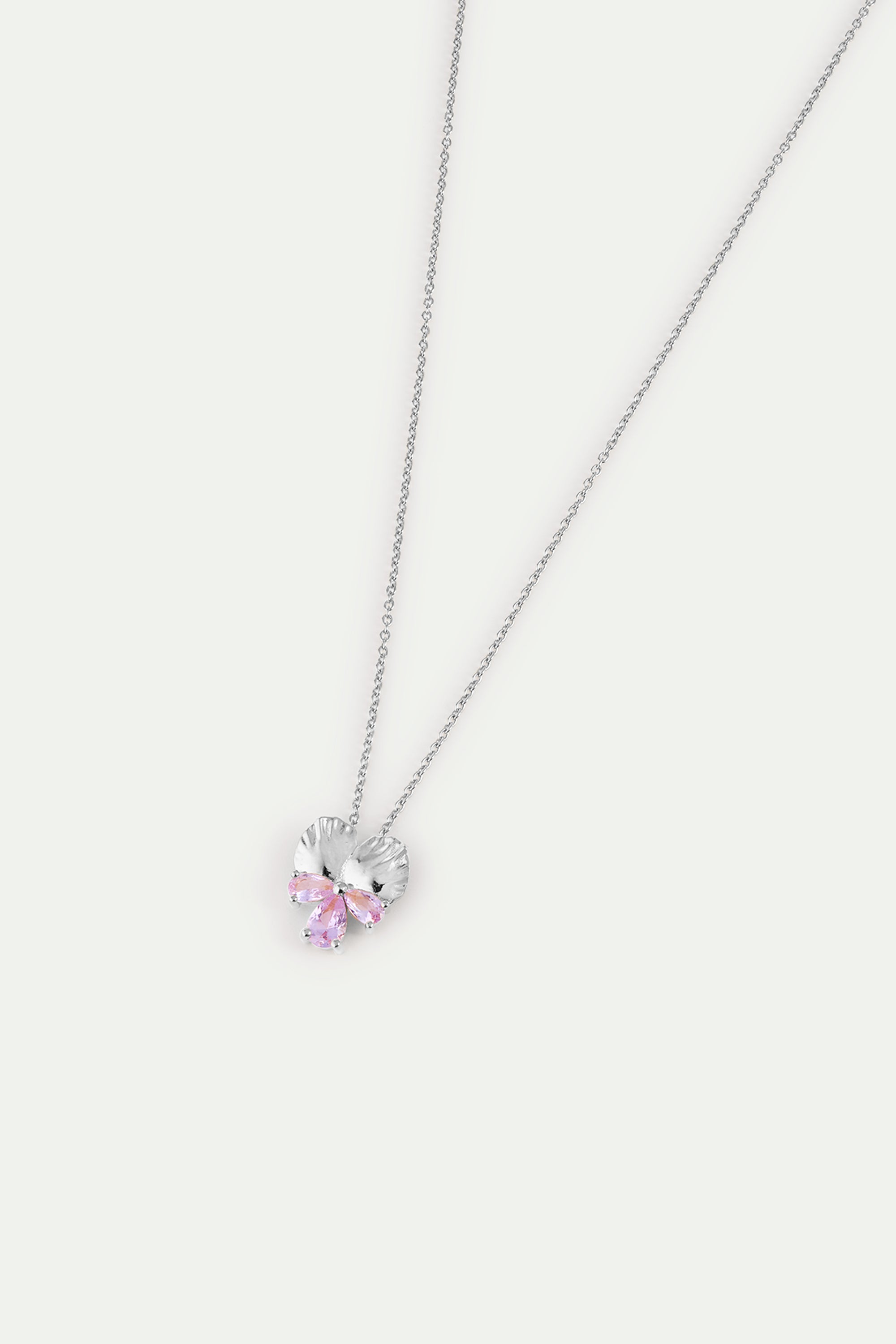 Silver pendant necklace with pansy and pink stones