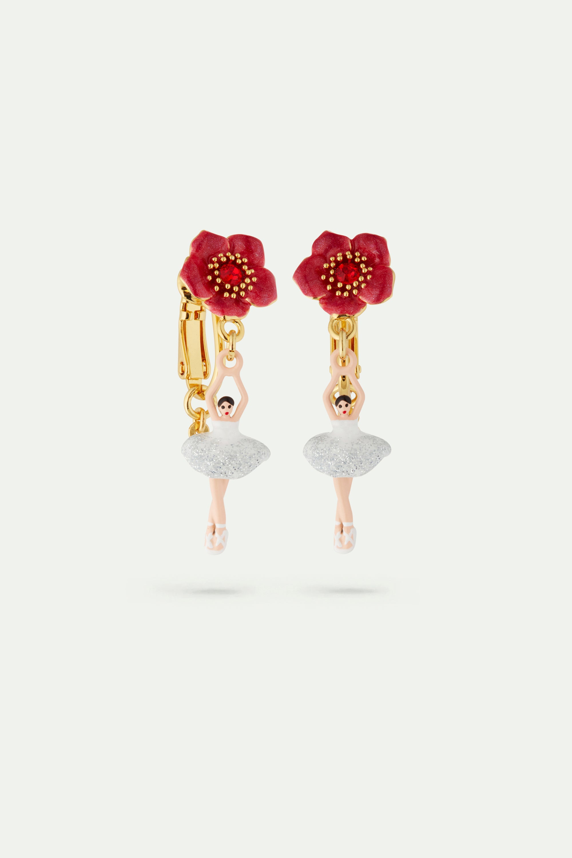 Ballerina and red flower clip-on earrings