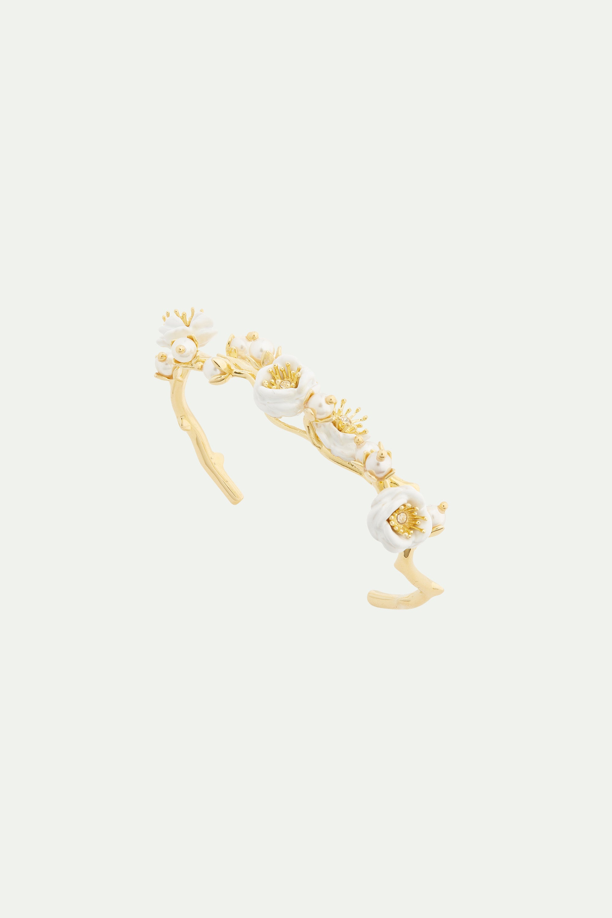 White rose branch and pearls bangle bracelet