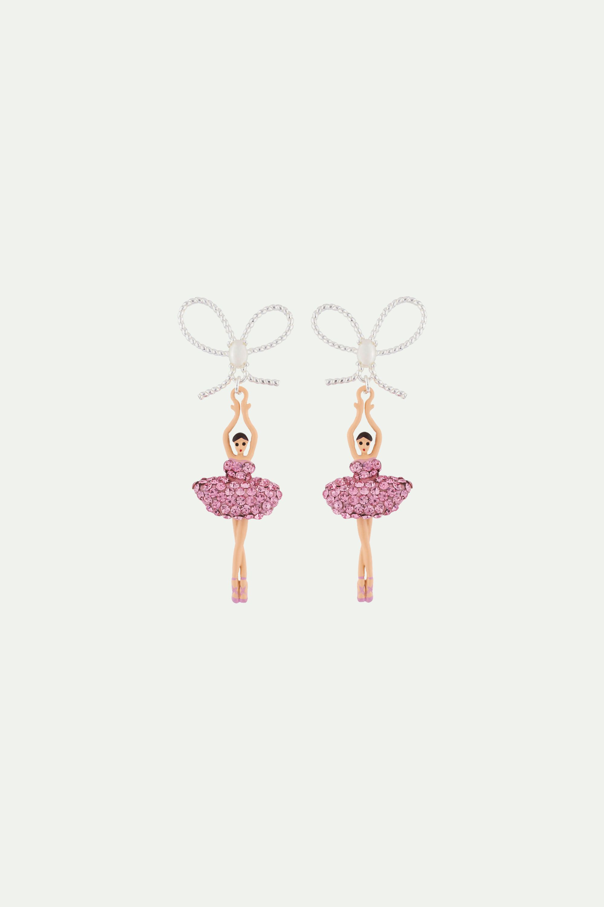 Pink rhinestone ballerina and pearl stud earrings