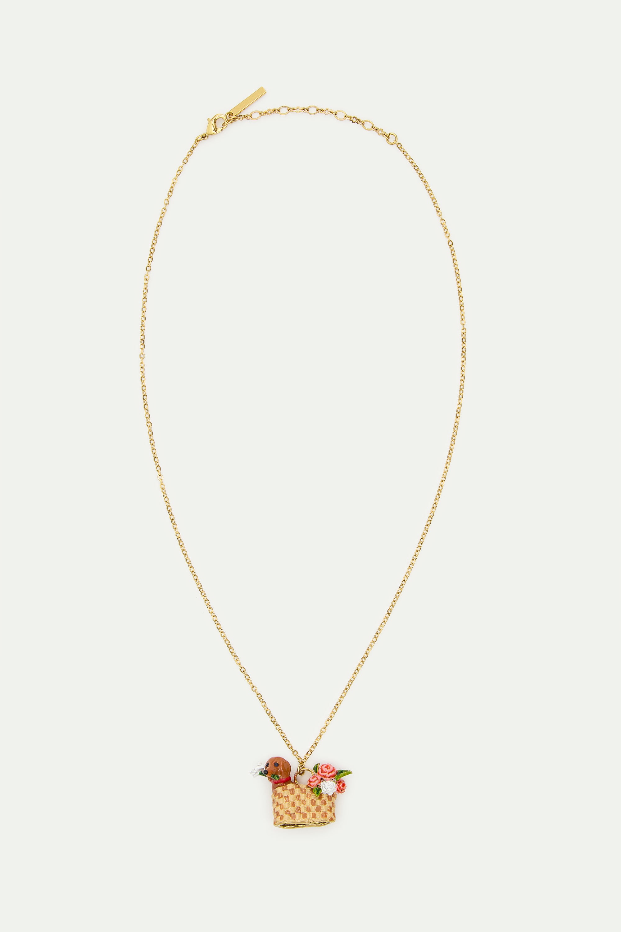 Basket, dachshund and flower pendant necklace