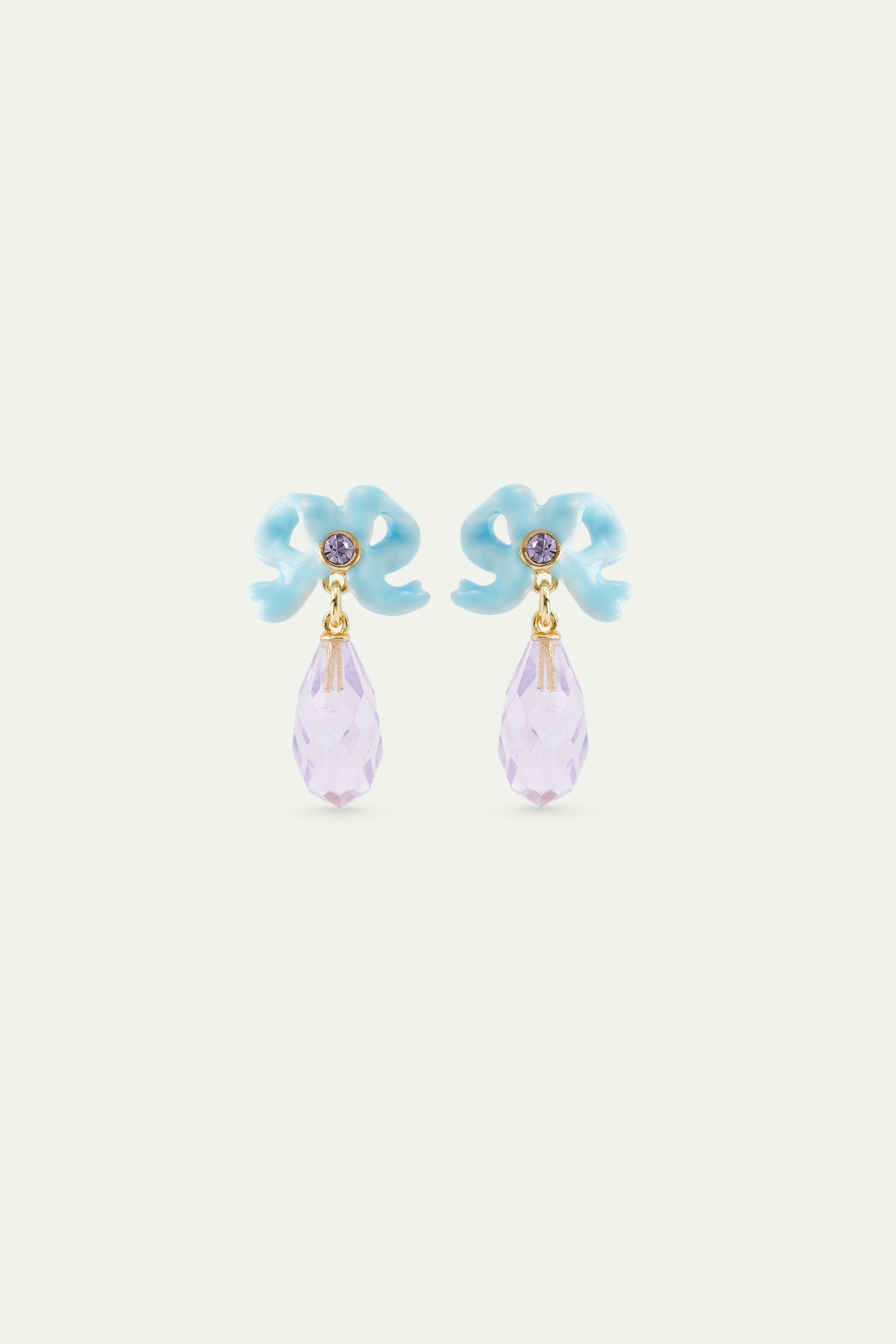 Wedding post earrings with blue ribbon and dangling purple cut stone