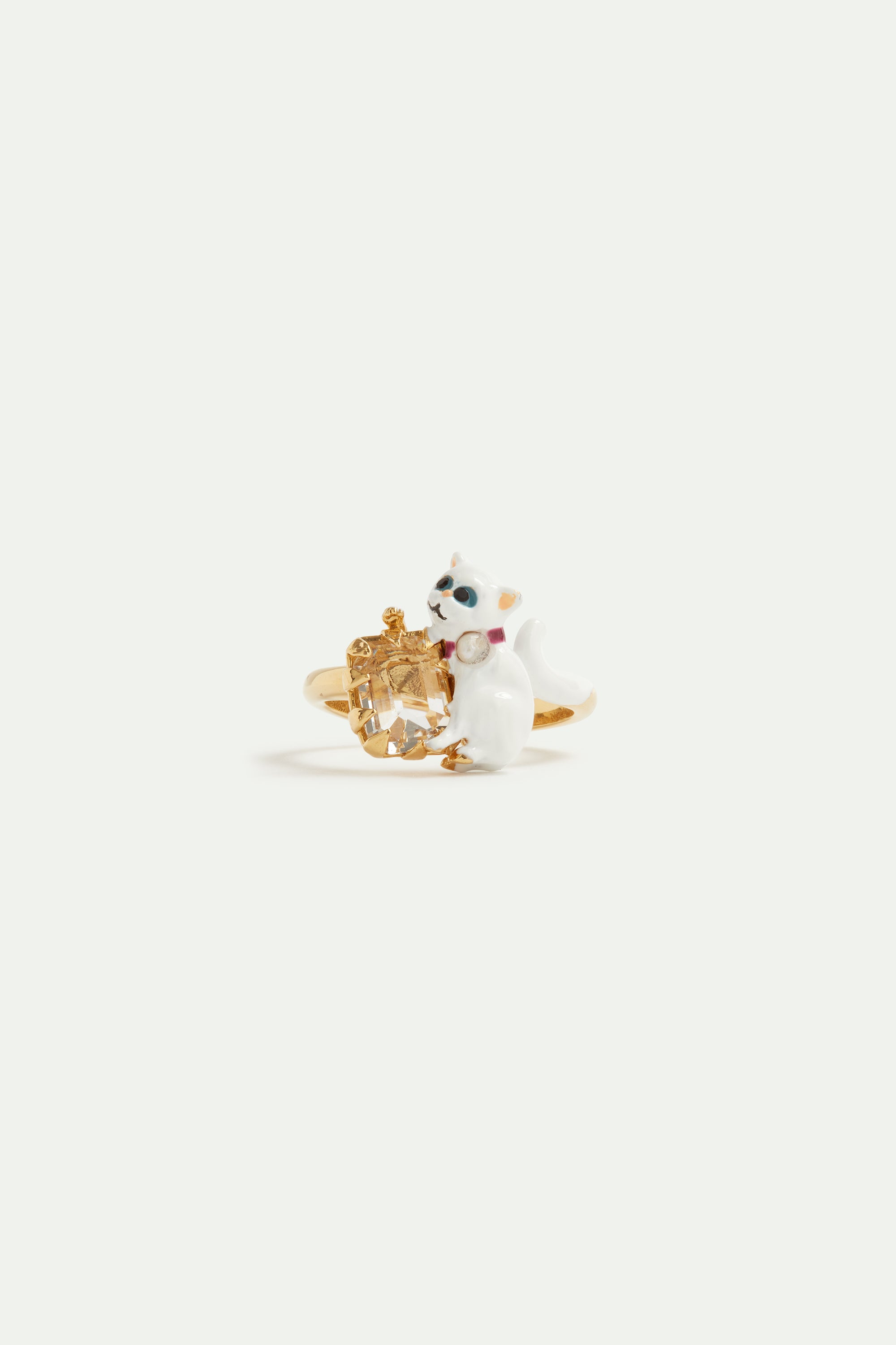 White cat and white faceted stone adjustable ring