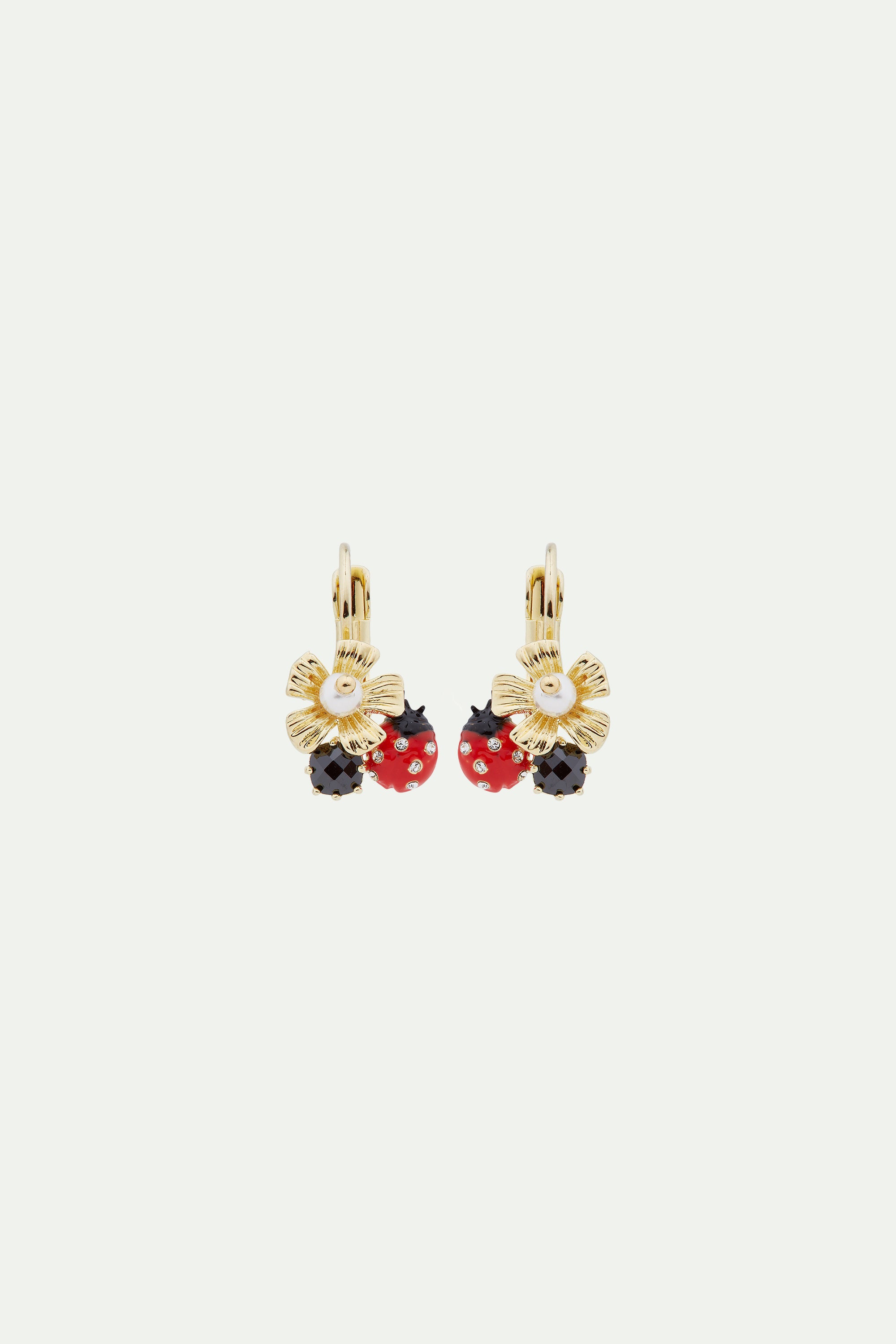 Ladybird and anemone with mother of pearl bead sleeper earrings